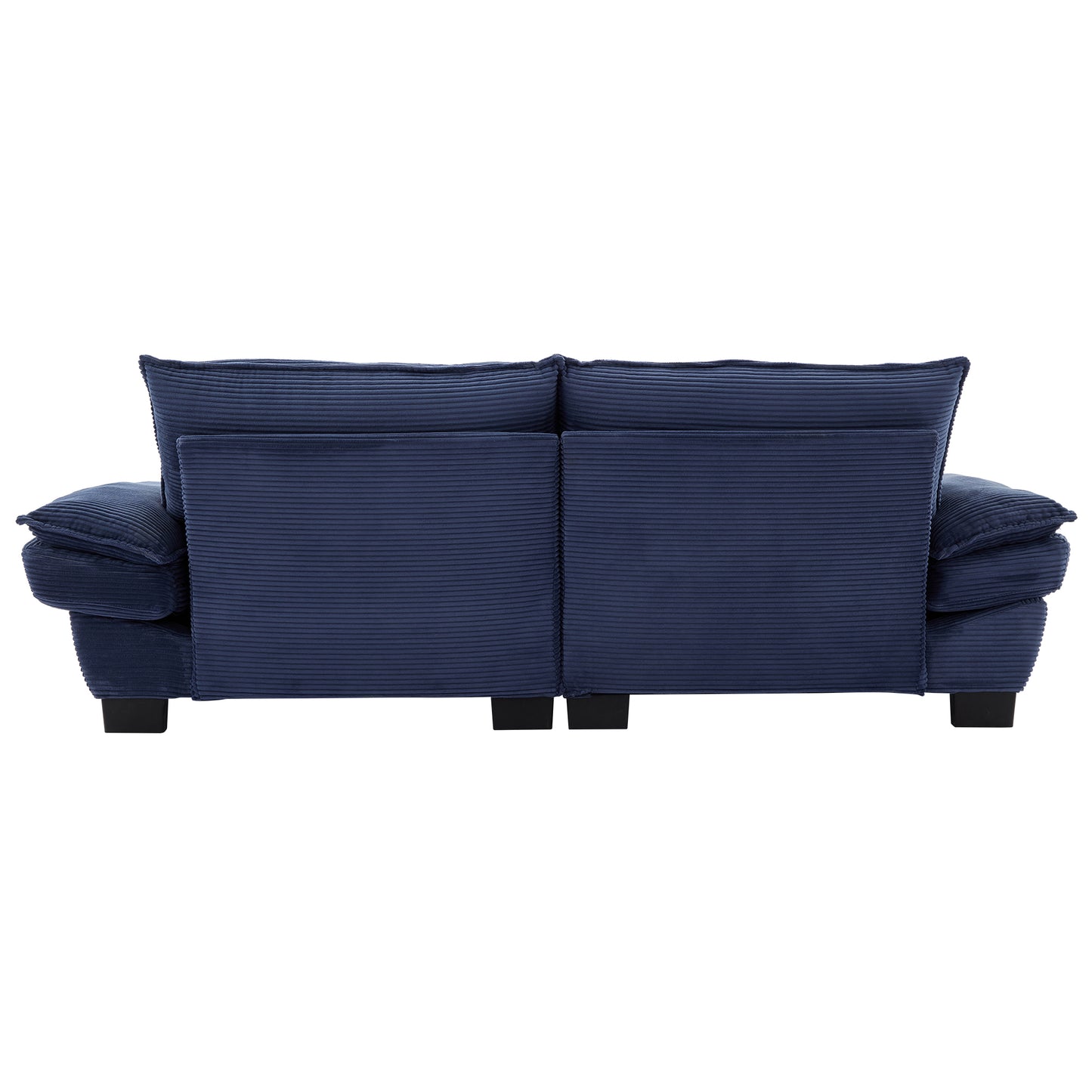 Navy blue corduroy sofa rear view plush cushions modern design