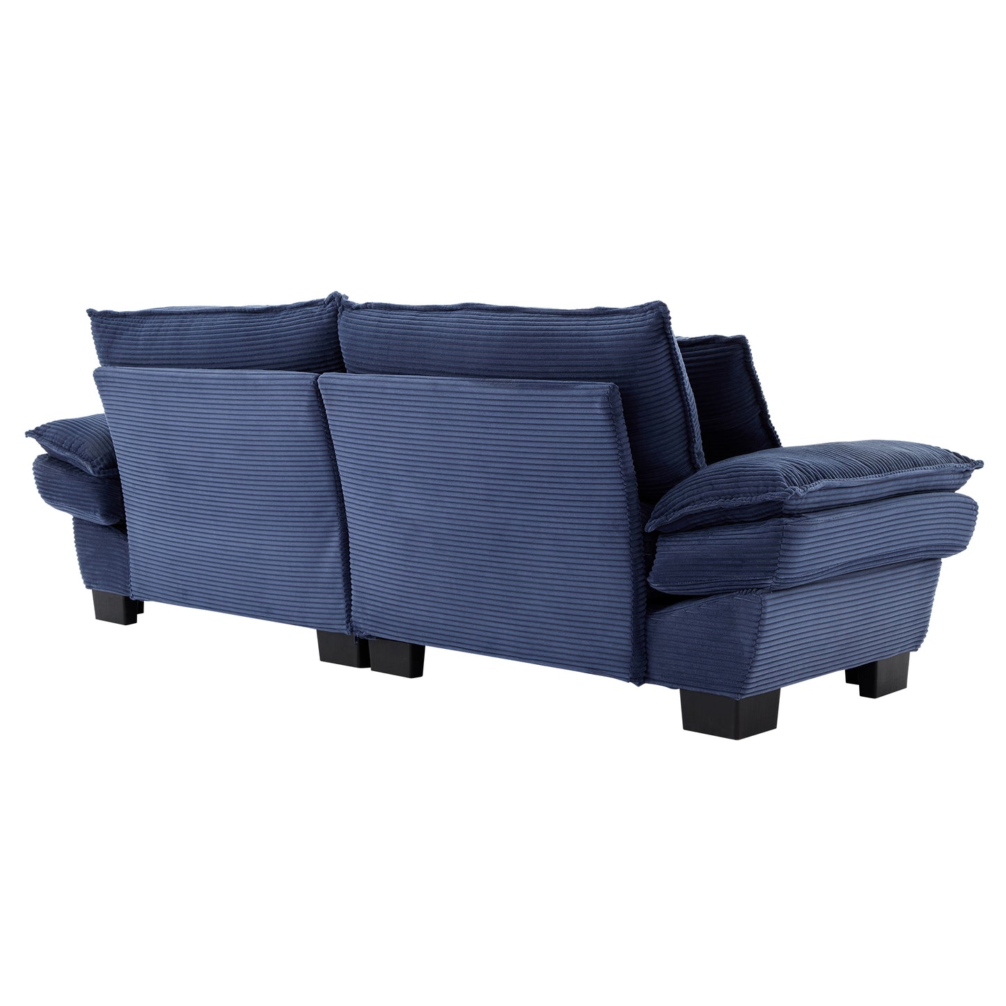 Navy blue corduroy sofa plush cushions and modern black legs for living room comfort