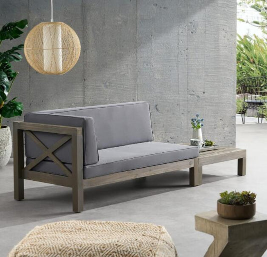 Gray outdoor sectional sofa with wooden frame Xdetail side and comfortable cushions