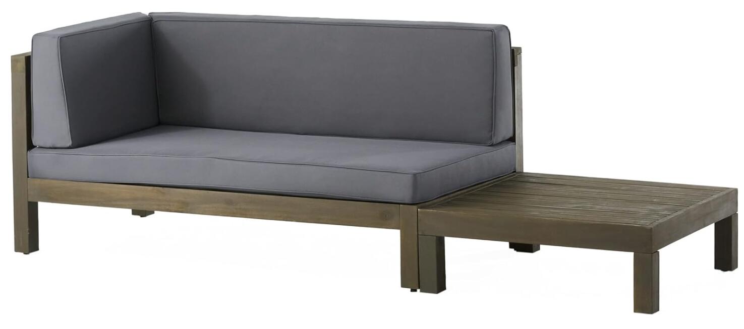 Dark grey outdoor sectional sofa with wooden frame and integrated side table