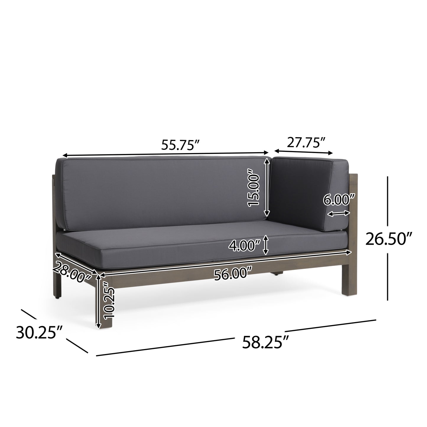 Dark gray sectional sofa with aluminum frame dimensions  L x  W x  H