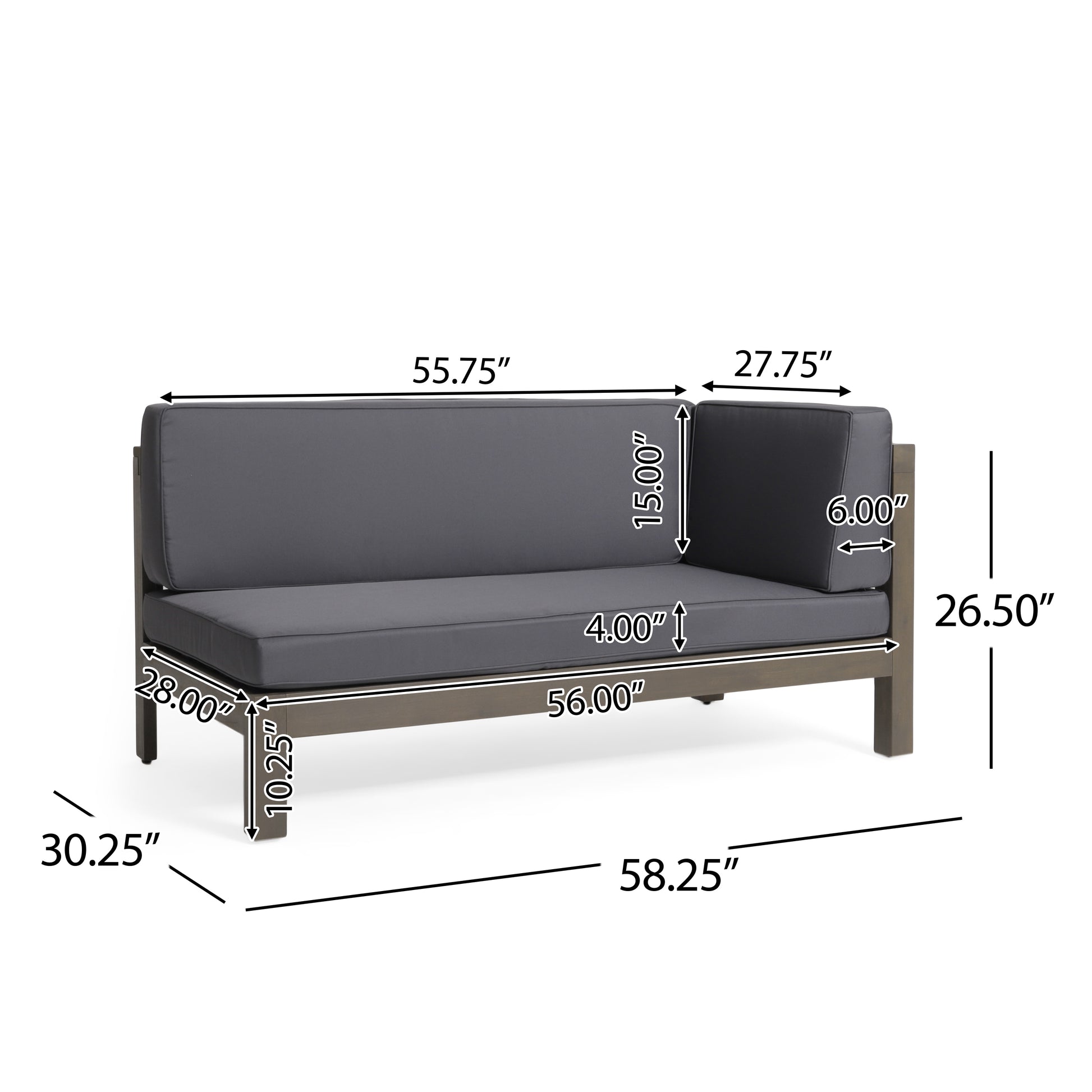 Dark gray sectional sofa with aluminum frame dimensions  L x  W x  H