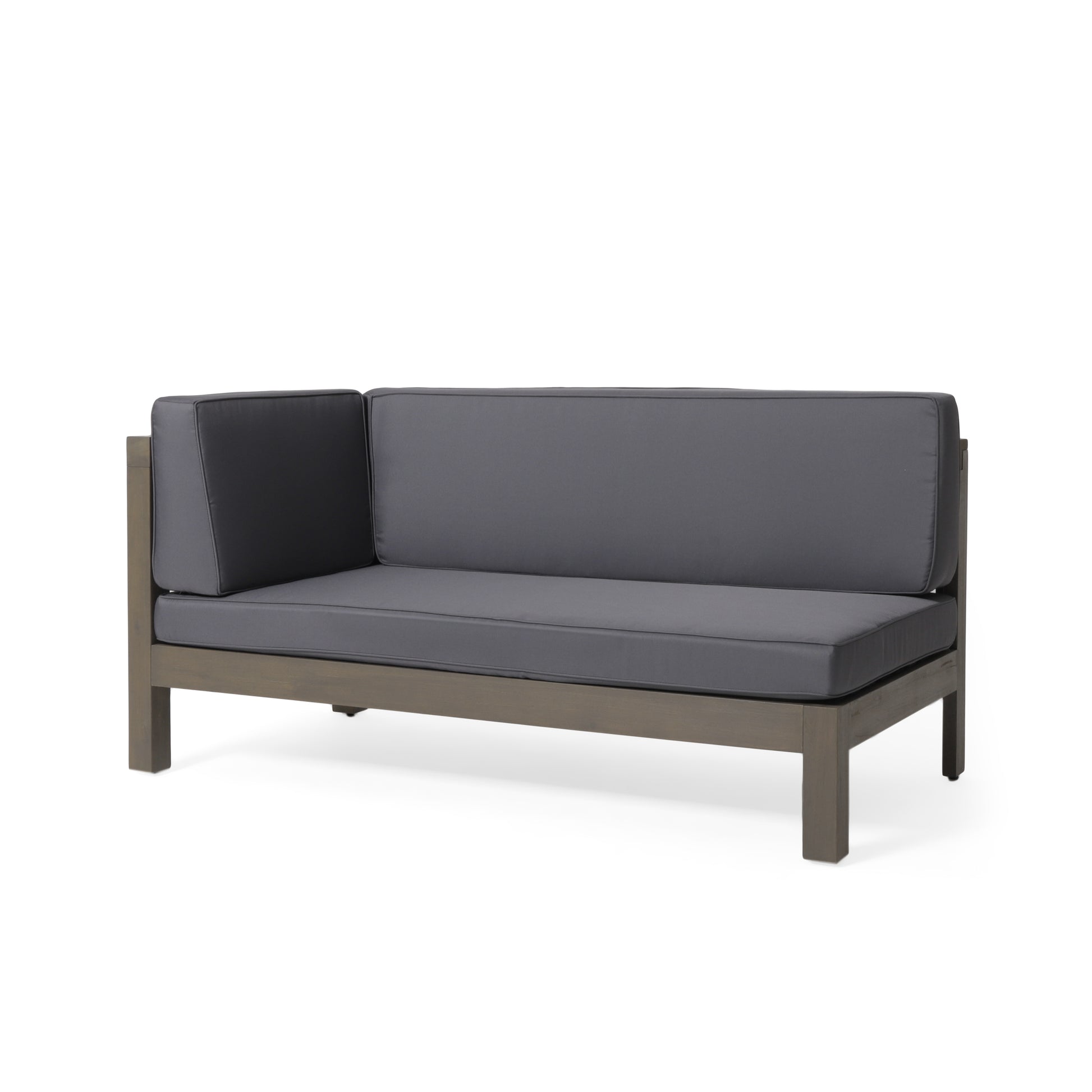 Gray sectional outdoor sofa with modern wood frame and upholstered cushions