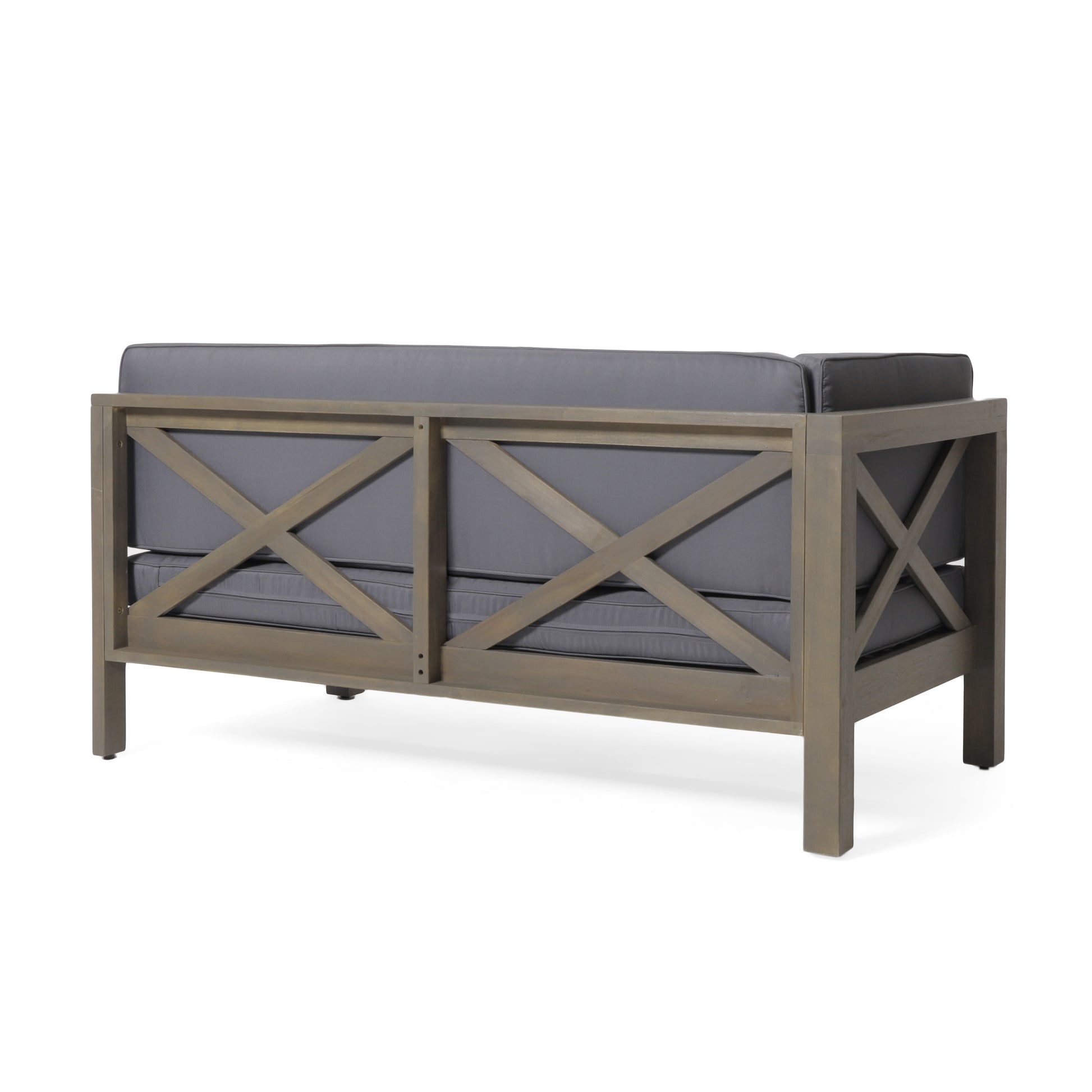 Weathered grey wood outdoor sofa with charcoal grey cushions