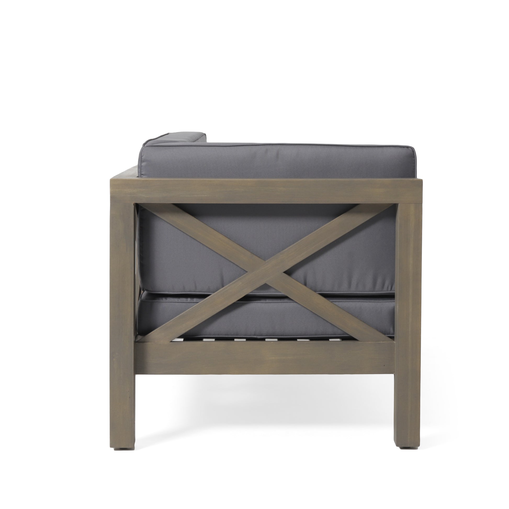 Gray upholstered wood outdoor armchair with crisscross backrest detail