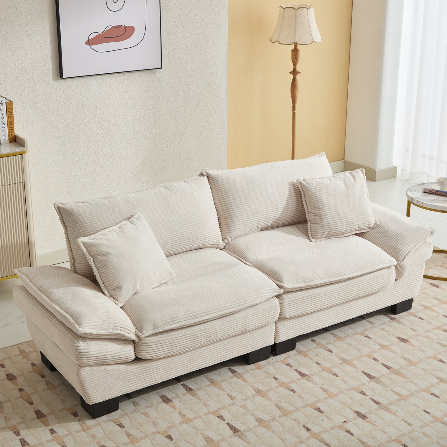 Plush cream corduroy sectional sofa with deep cushions and a low profile perfect for modern living rooms