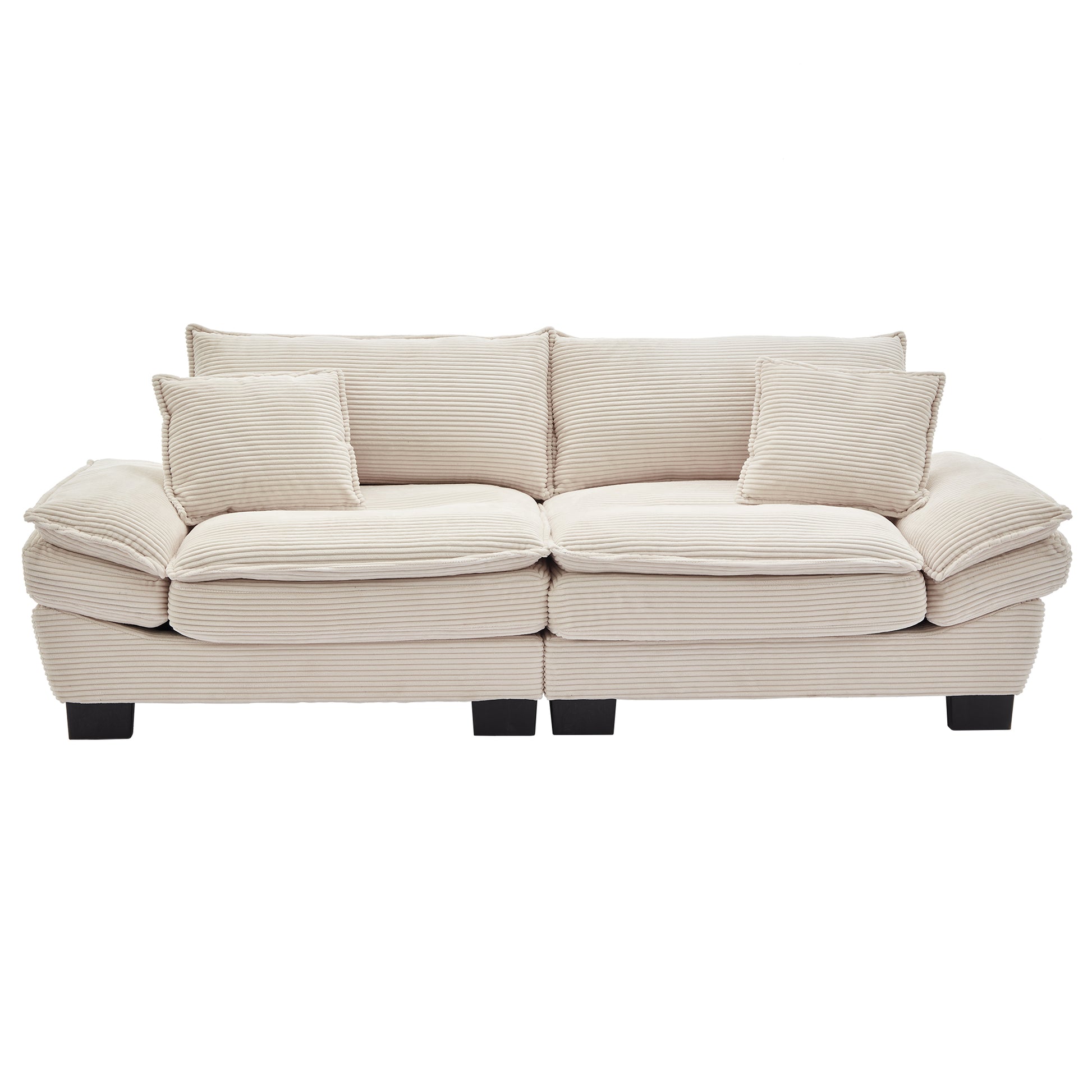 Cream corduroy sofa with plush cushions and modern black legs