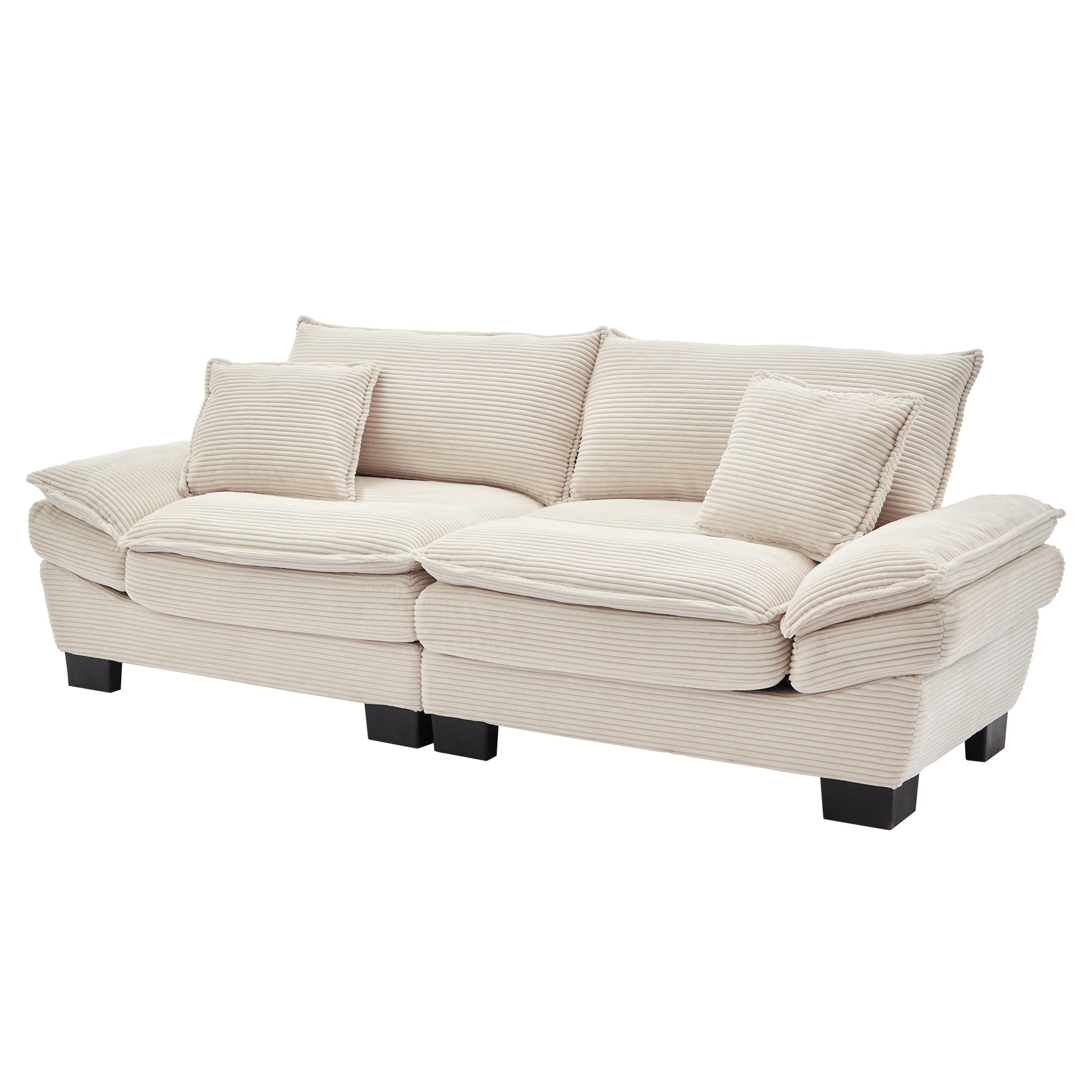 Comfortable cream corduroy sofa with plush cushions and black legs