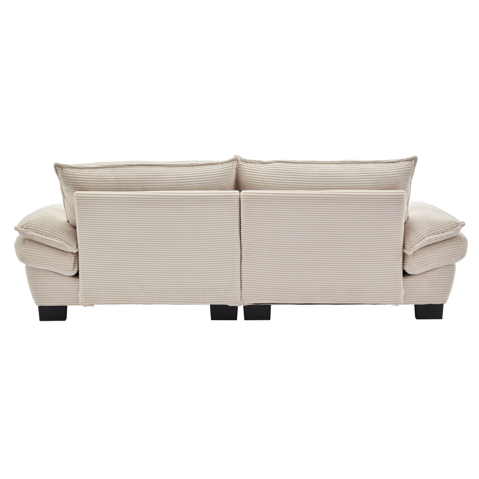 Cream corduroy sofa with plush cushions and black square legs