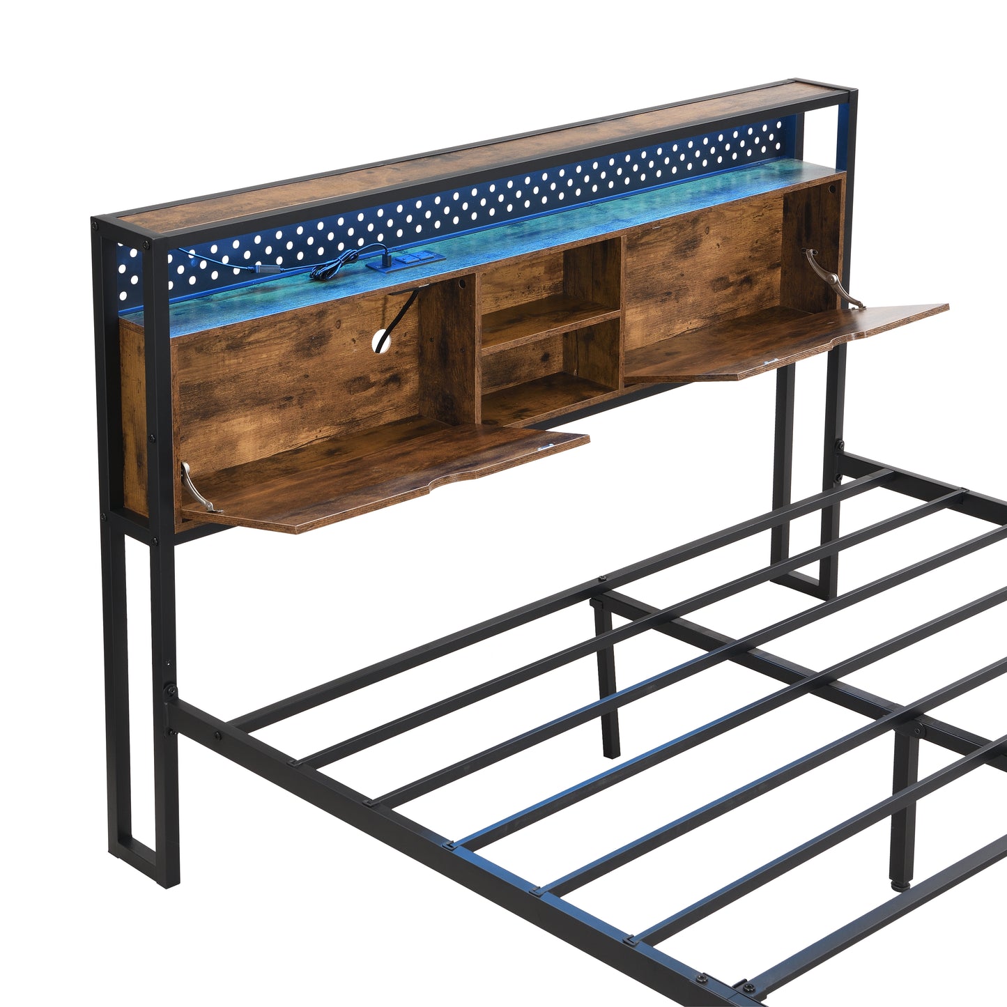 Industrial style bed frame with builtin headboard storage featuring wood finish and blue LED lights