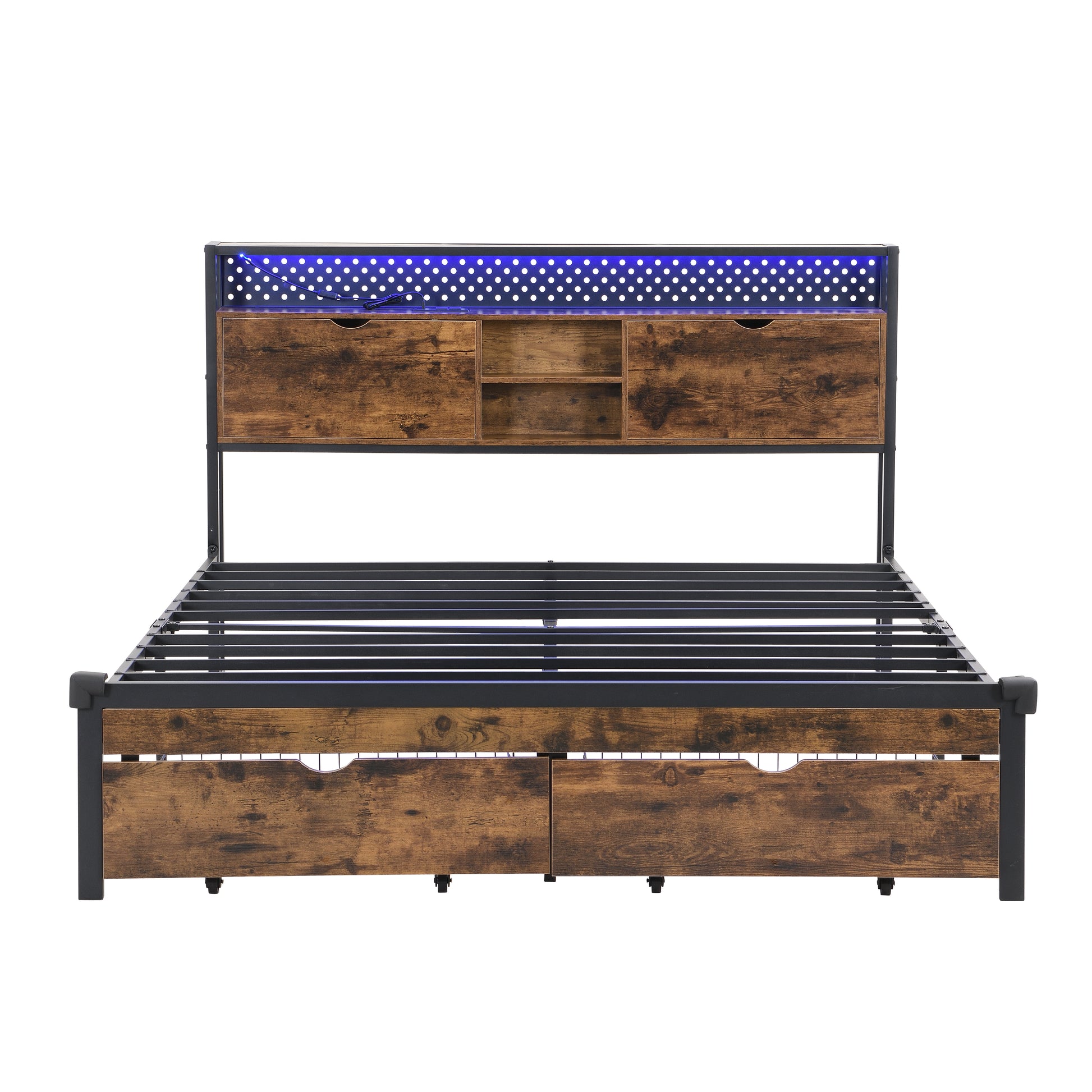 Rustic wood and metal queen bed frame with builtin drawers and blue LED headboard lights