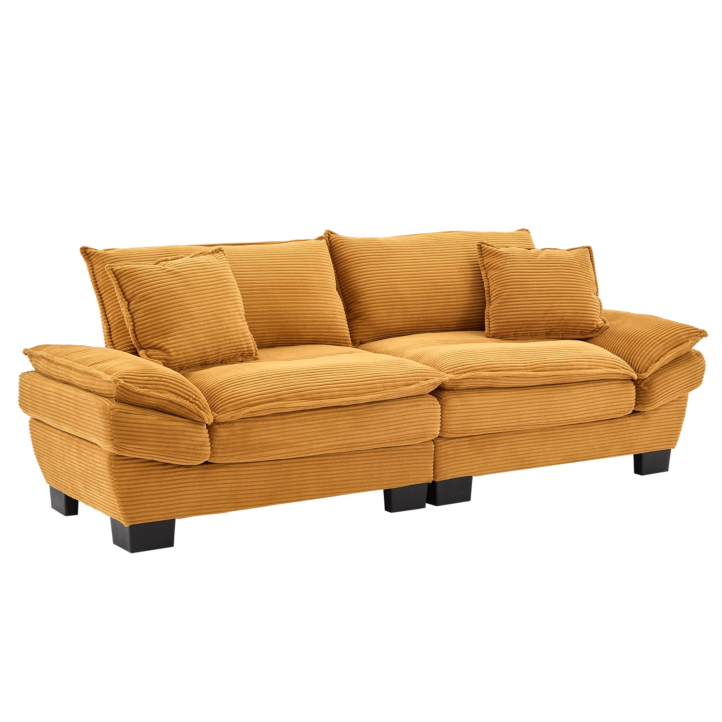 Luxurious mustard yellow corduroy sofa with plush cushions and modern black legs