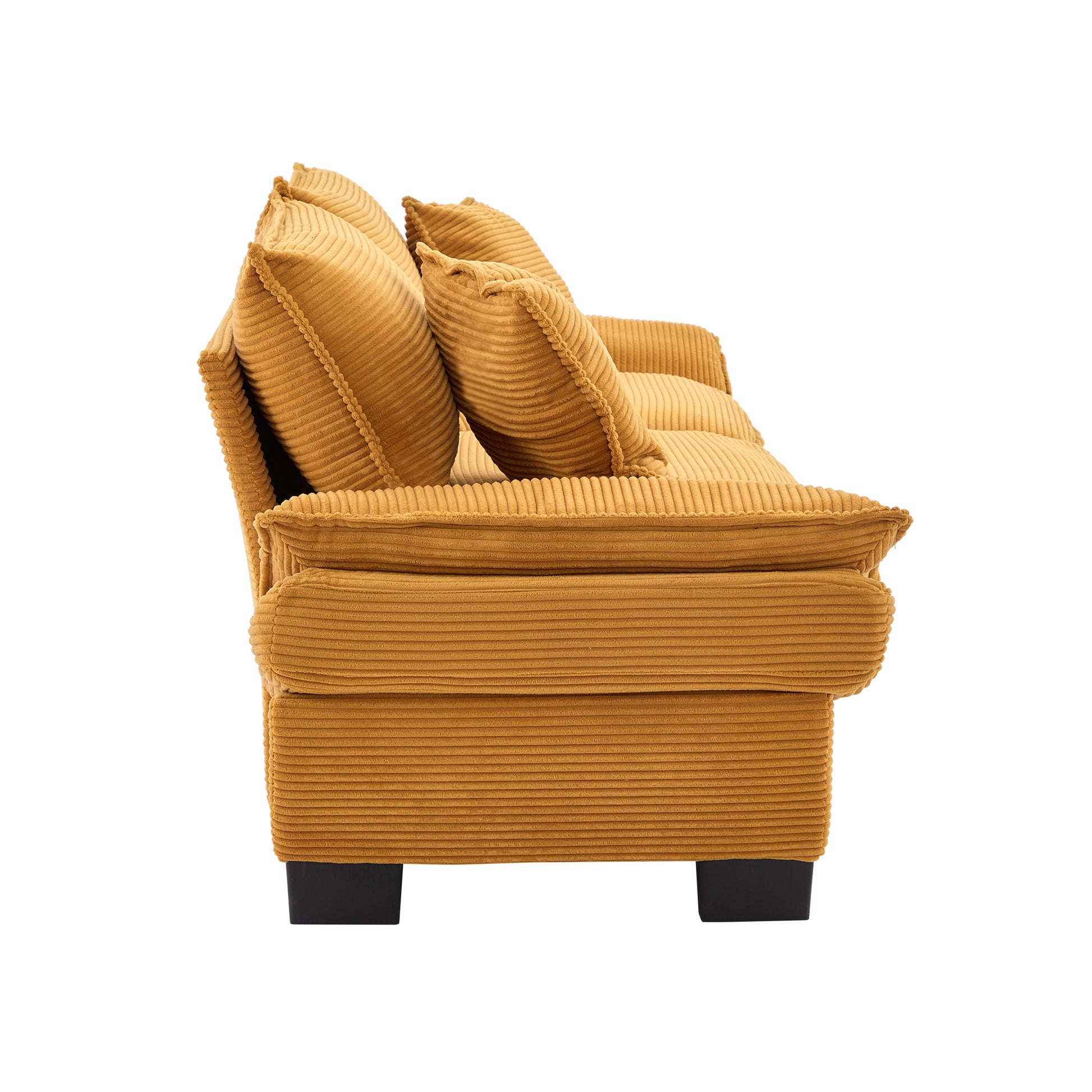 Mustard yellow corduroy sofa with plush pillows offering comfortable modern seating