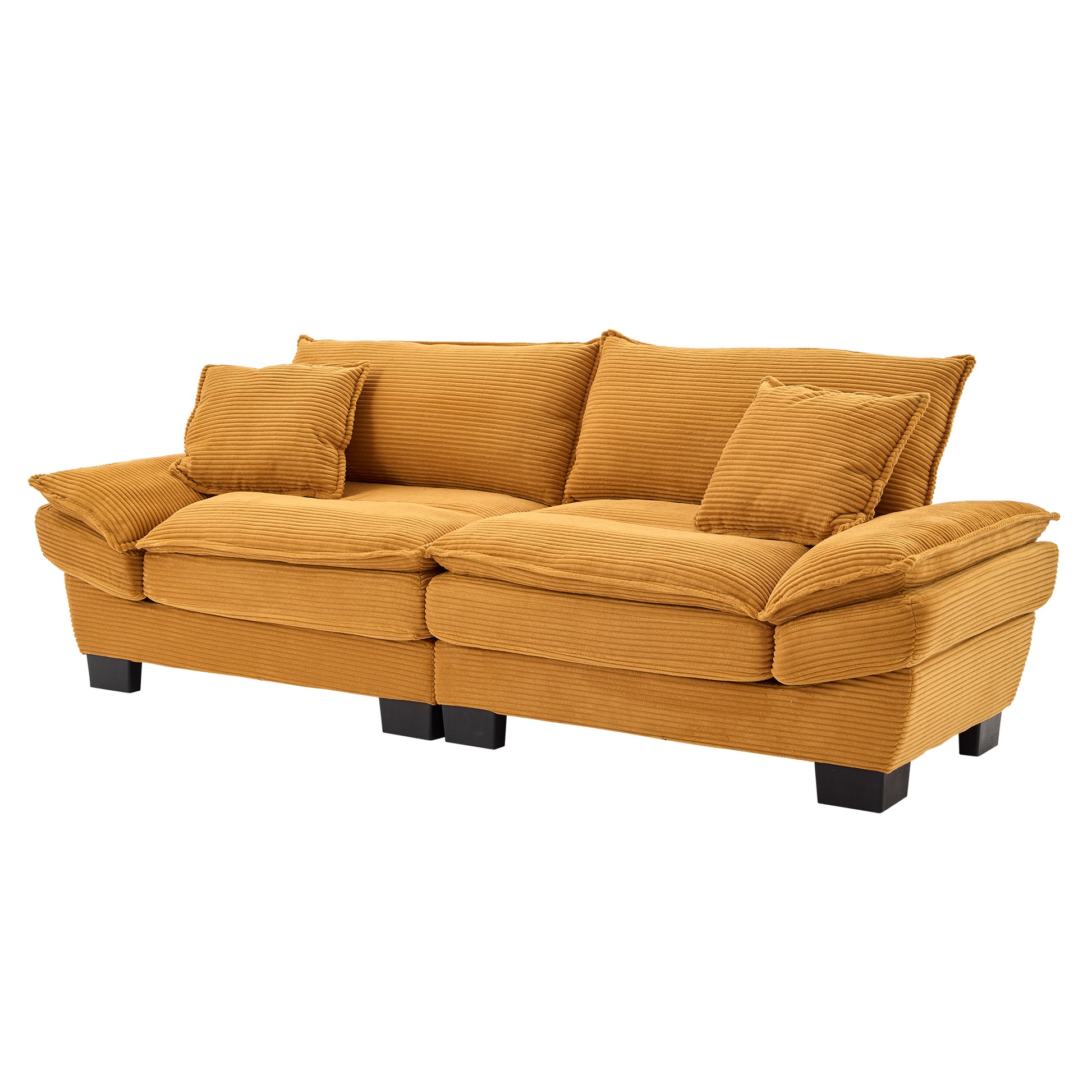 Yellow corduroy sofa with plush cushions and dark wooden legs modern living room furniture