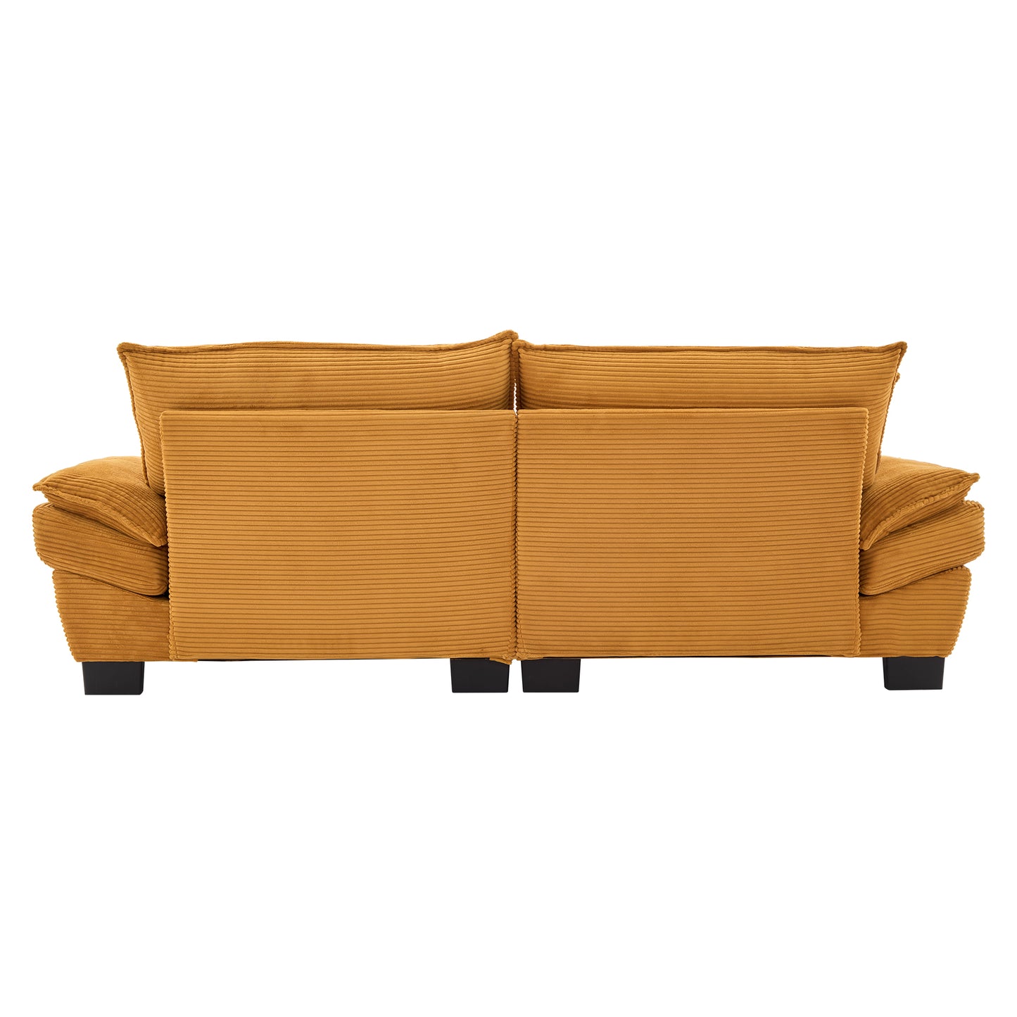 Back view of a mustard yellow corduroy sofa with plush cushions and black square legs
