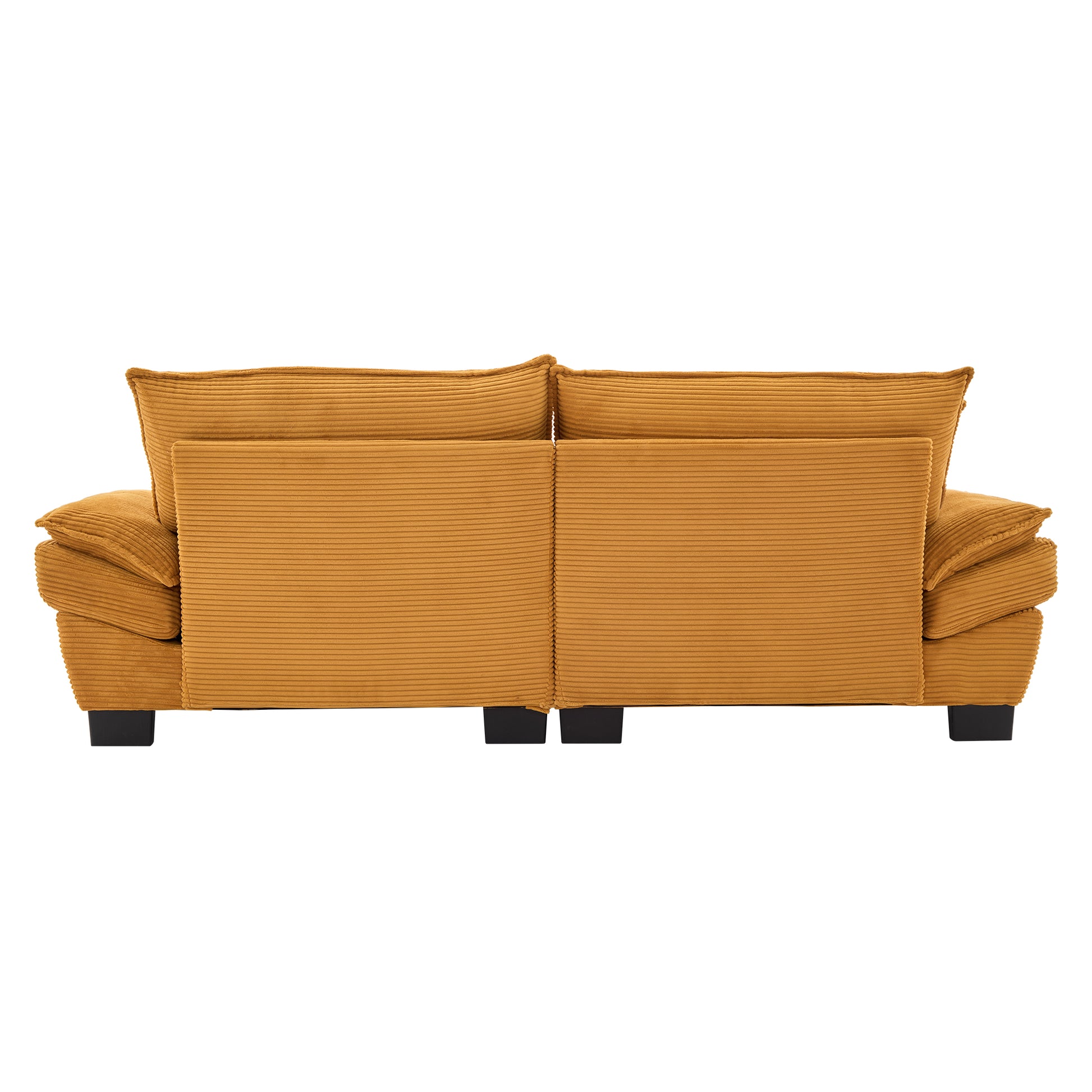 Back view of a mustard yellow corduroy sofa with plush cushions and black square legs