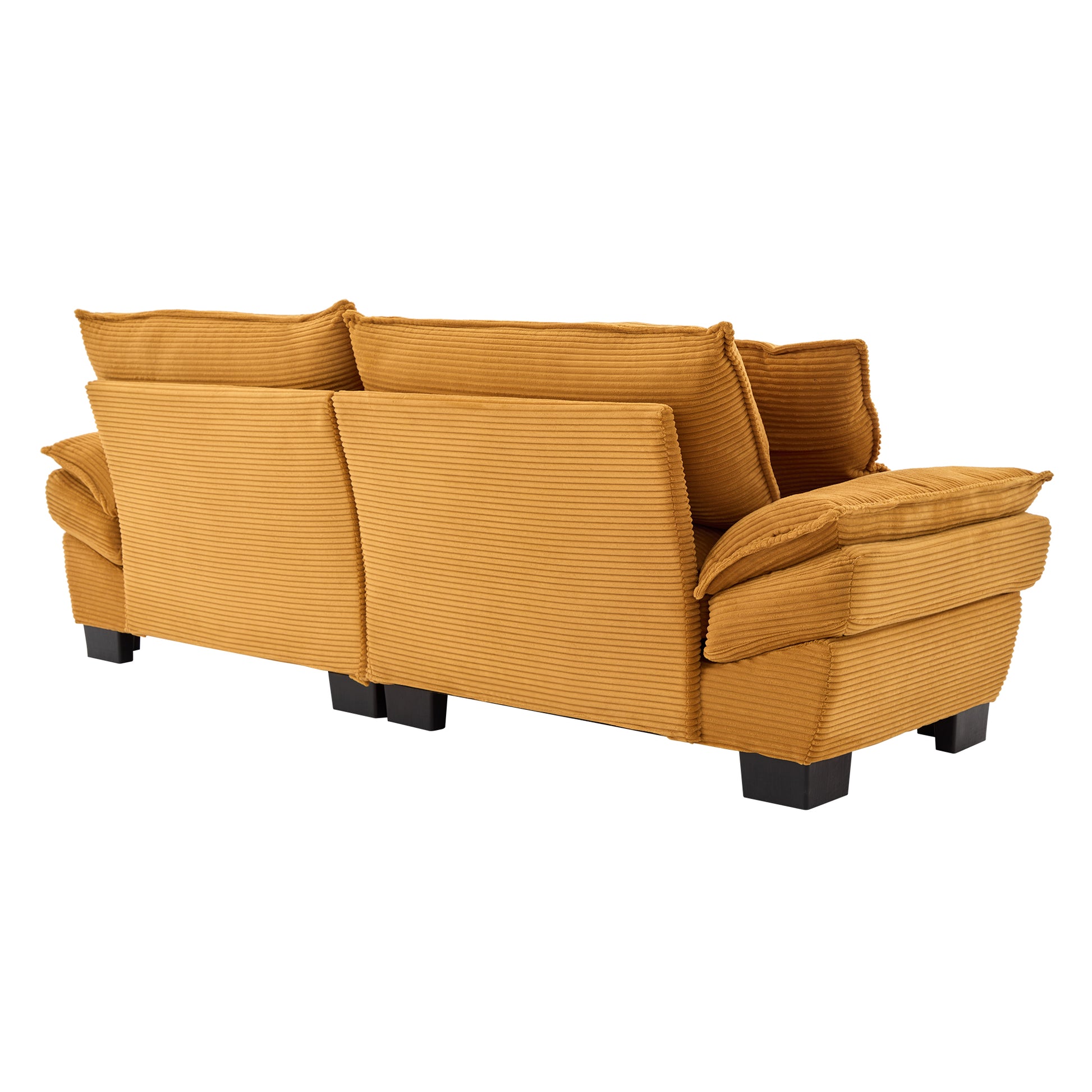 Mustard yellow corduroy sofa with plush cushions and black legs