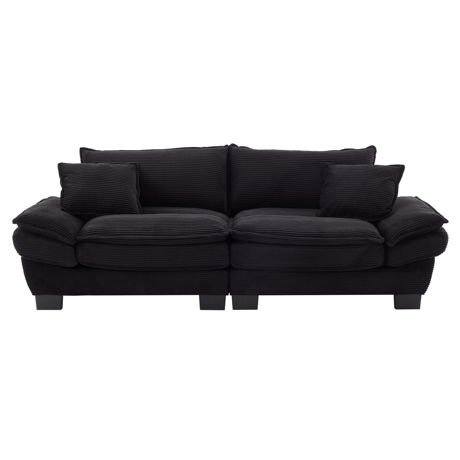 Plush black corduroy sofa with deep seating and accent pillows perfect for living rooms
