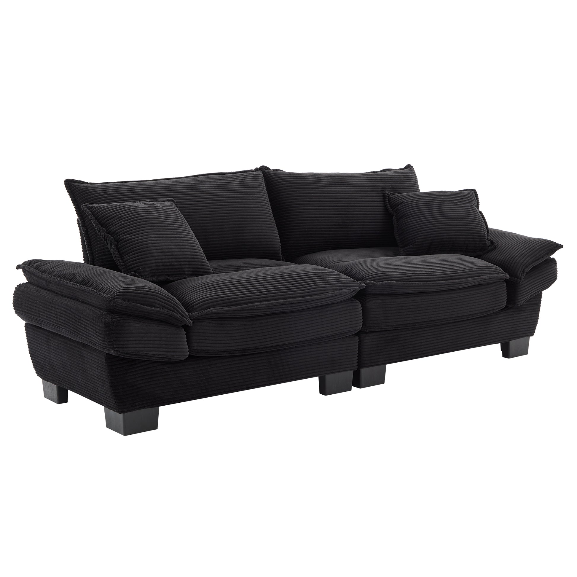 Black corduroy sofa with plush cushions and modern square legs