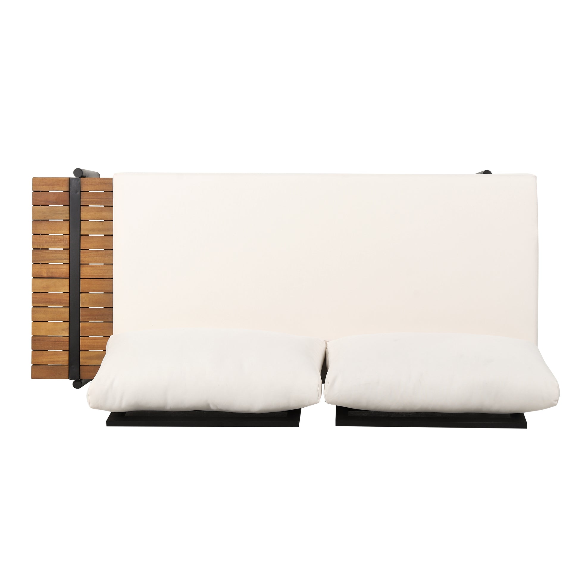 Modern cream sectional sofa with teak wood accents and black metal frame