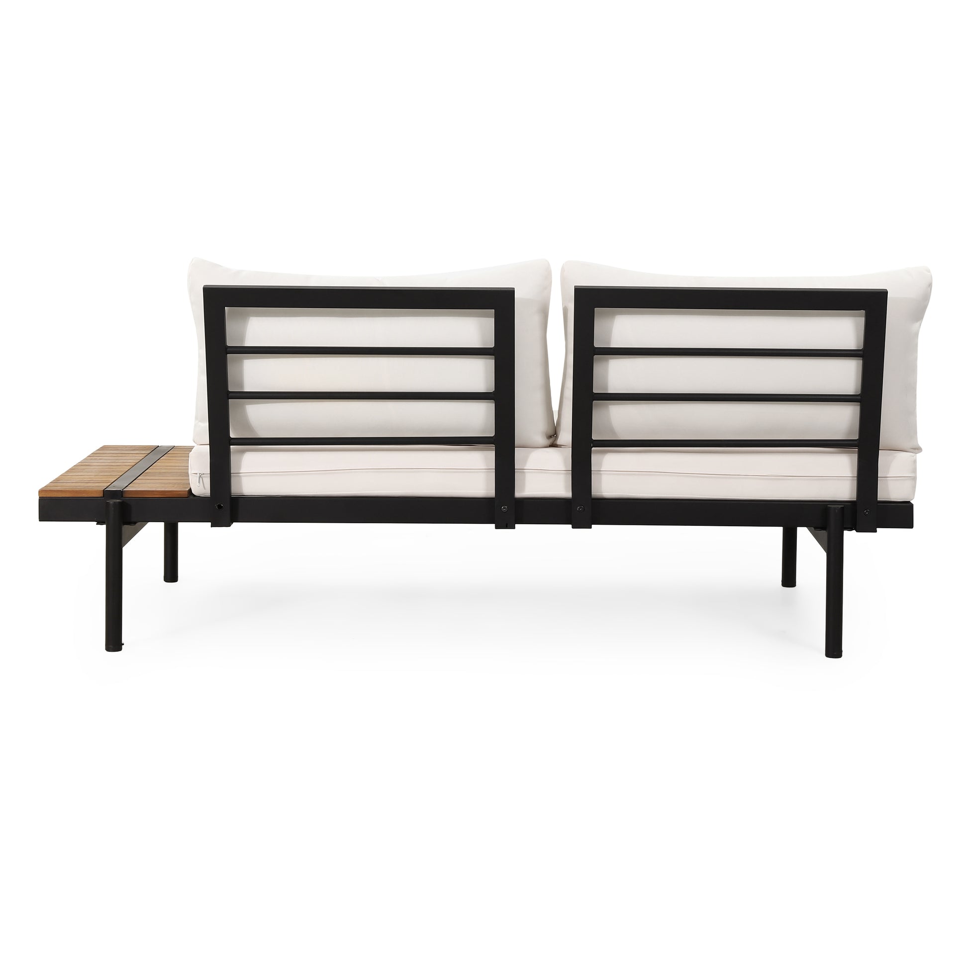 Modern outdoor sofa with black metal frame teak side table and white cushions