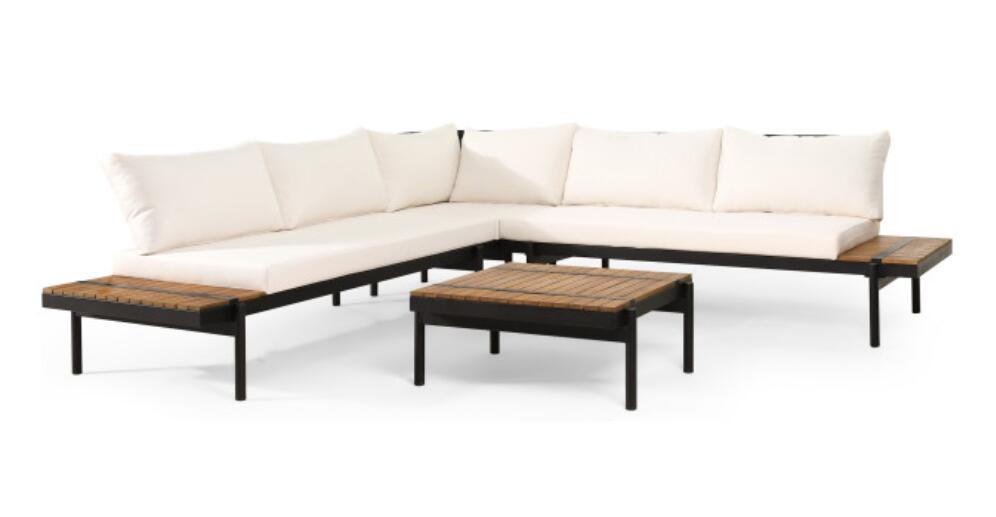 Modern sectional outdoor sofa with cream cushions and wood accents for patio relaxation