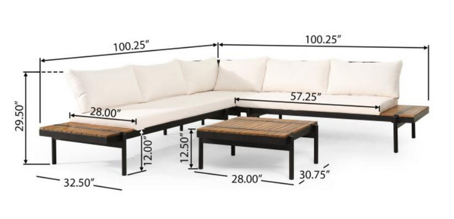 White sectional patio sofa with woodslatted accents and black metal frame