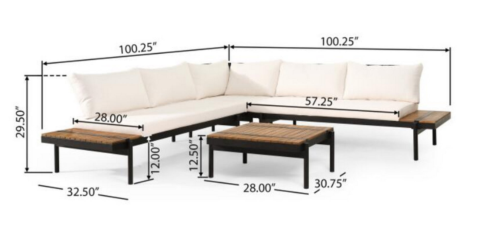White sectional patio sofa with woodslatted accents and black metal frame