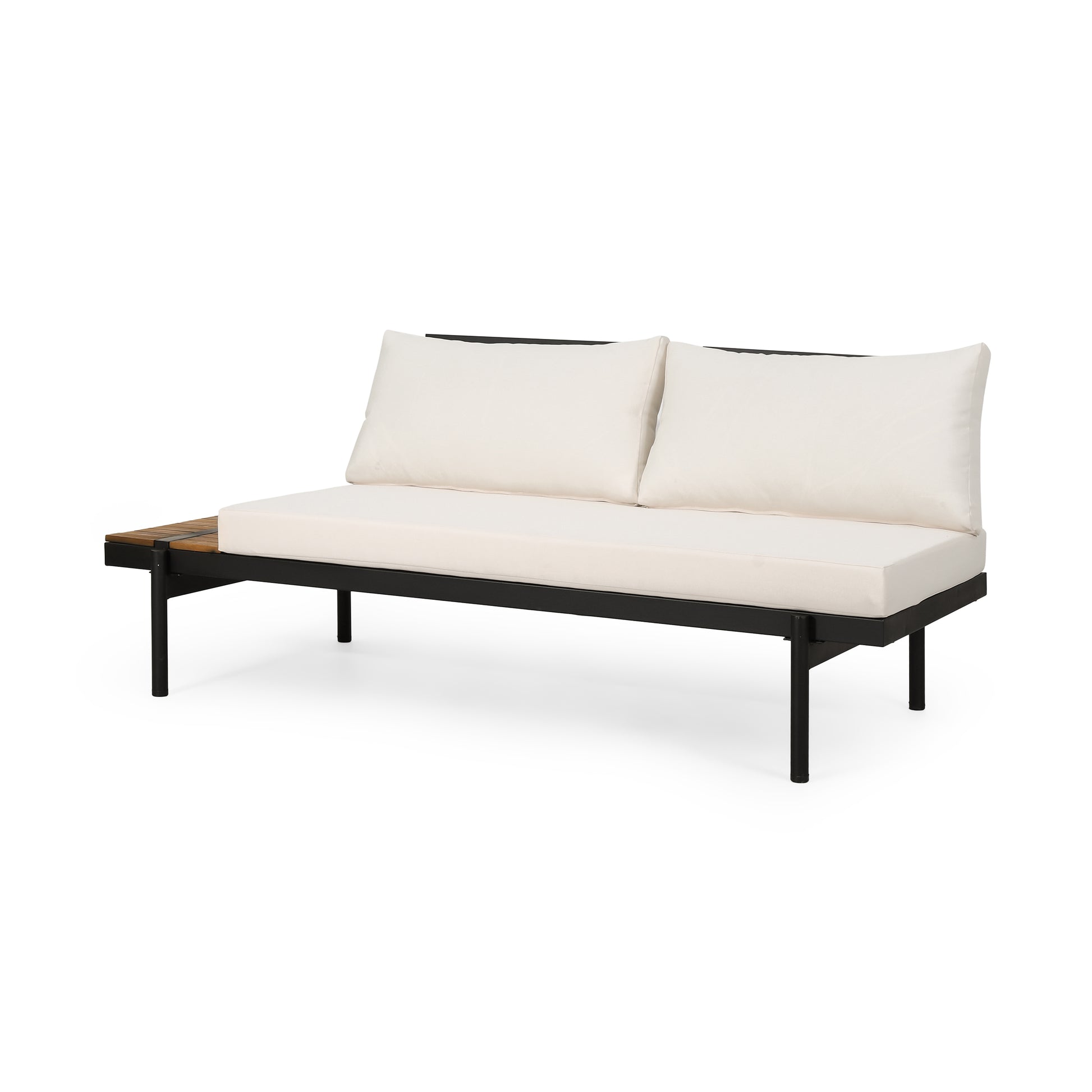 Modern black metal outdoor sofa with cream cushions and a teak side table