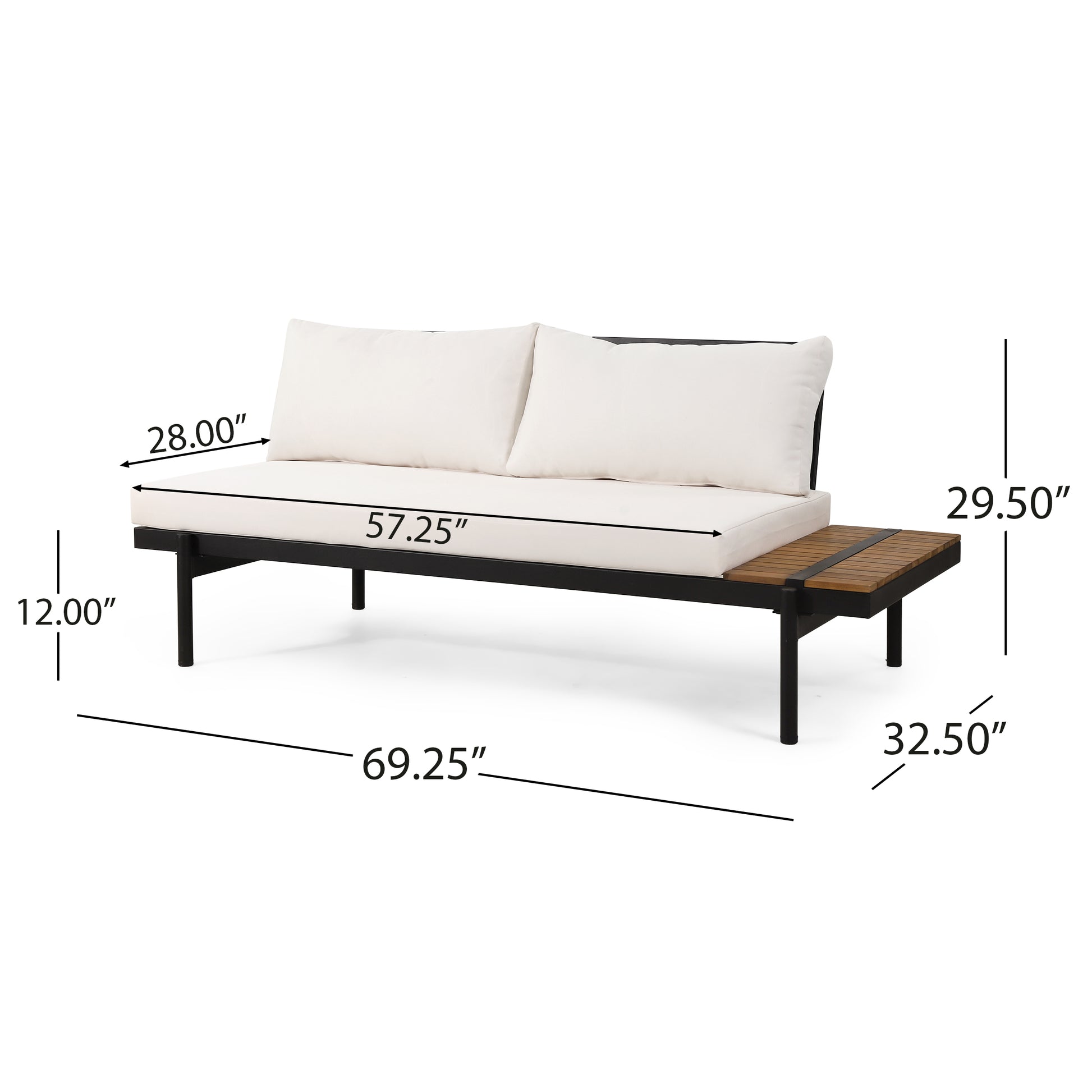 Black metal outdoor sofa with cream cushions and wood side table dimensions shown
