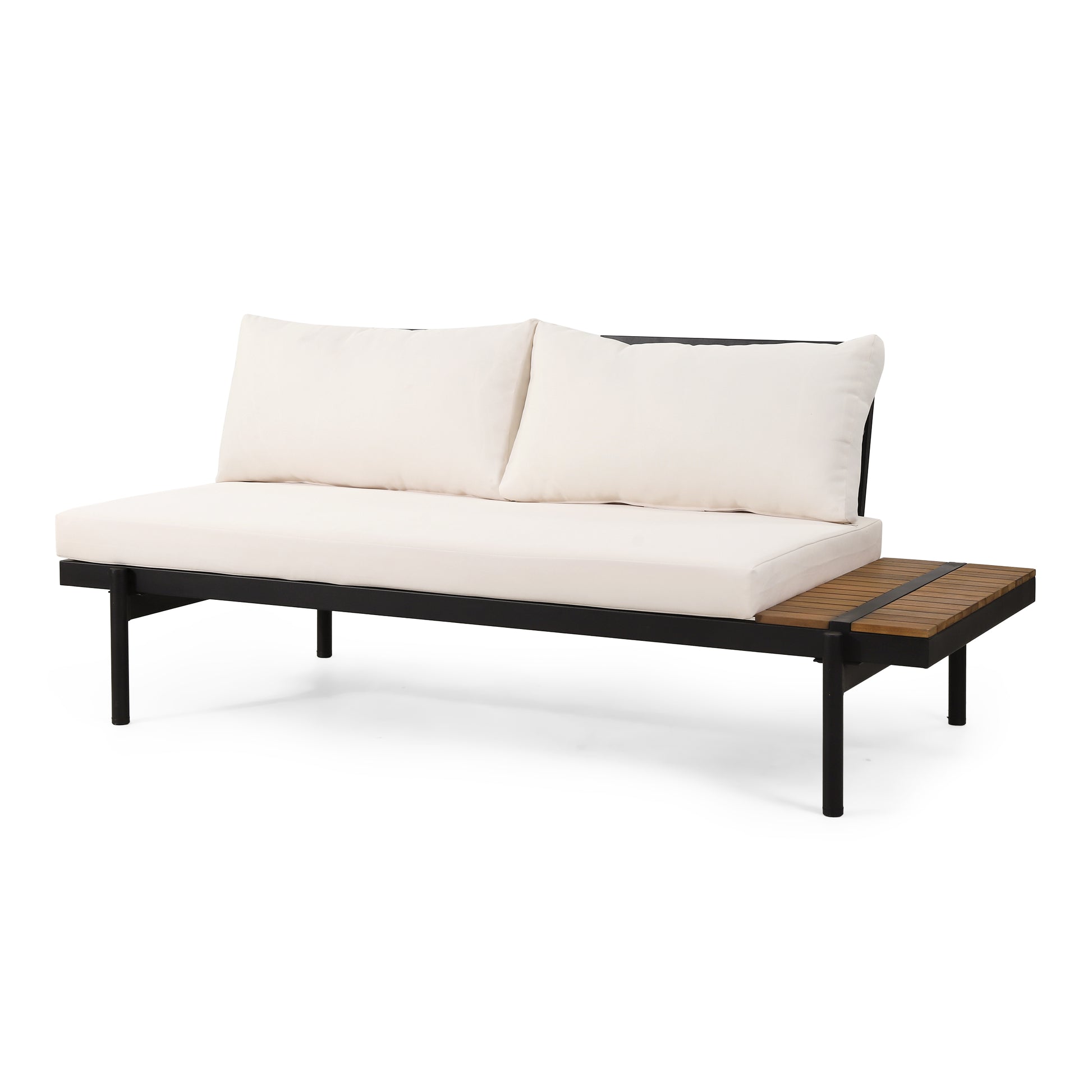 Modern outdoor loveseat with white cushions and black metal frame featuring a wood slat side table