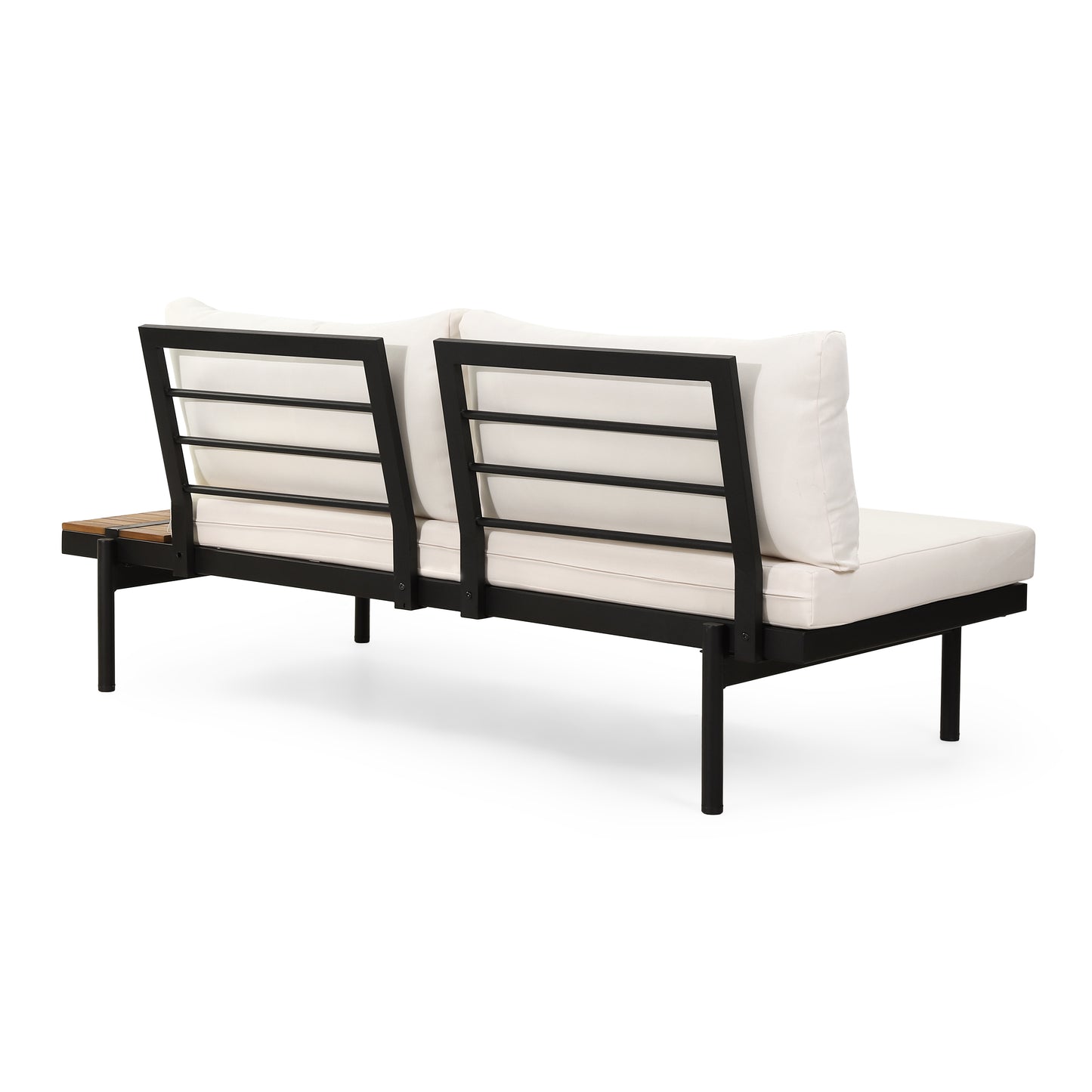Modern black metal sofa with white cushions and integrated wood side table
