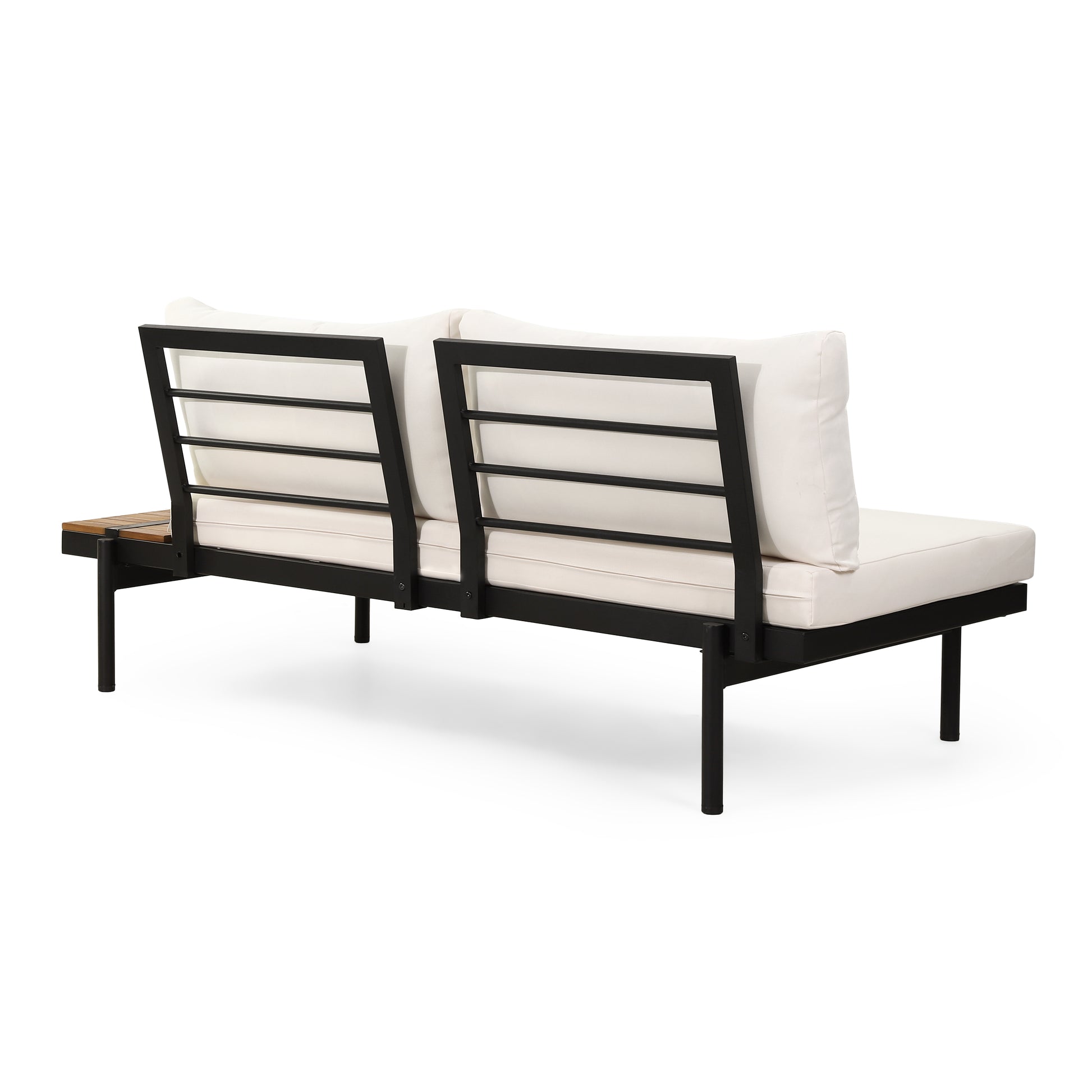 Modern black metal sofa with white cushions and integrated wood side table