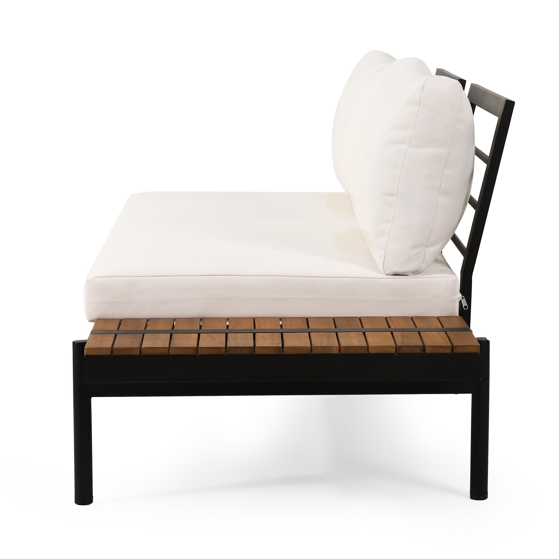 Modern black metal daybed with slatted wood armrest and white cushions