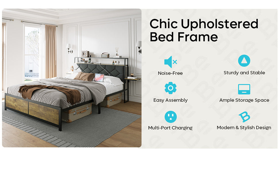 Modern upholstered bed frame with grey headboard and rustic wood accents