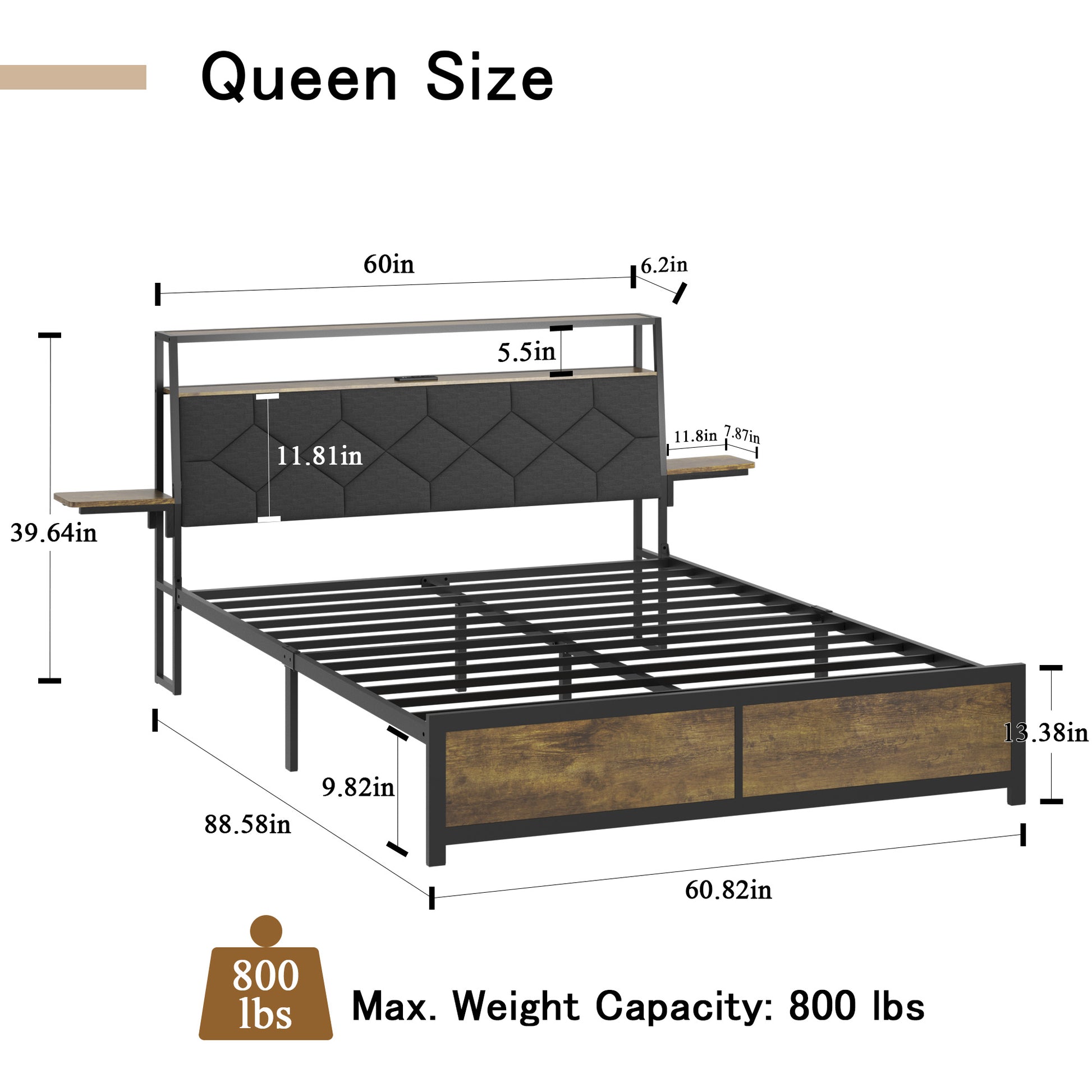 Queen size upholstered bed frame with builtin nightstands and sturdy metal construction