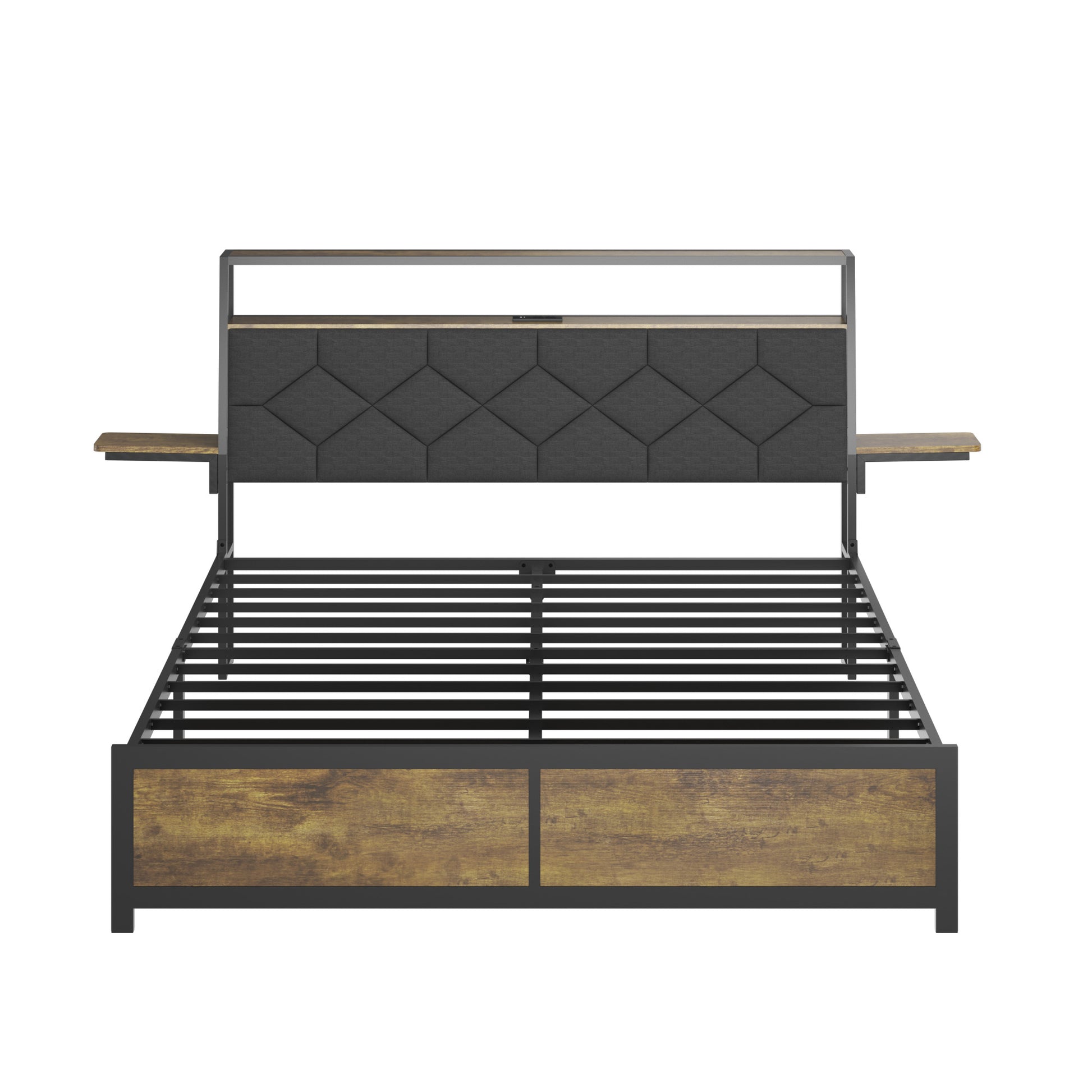 Modern upholstered bed frame with wood accents and integrated nightstands