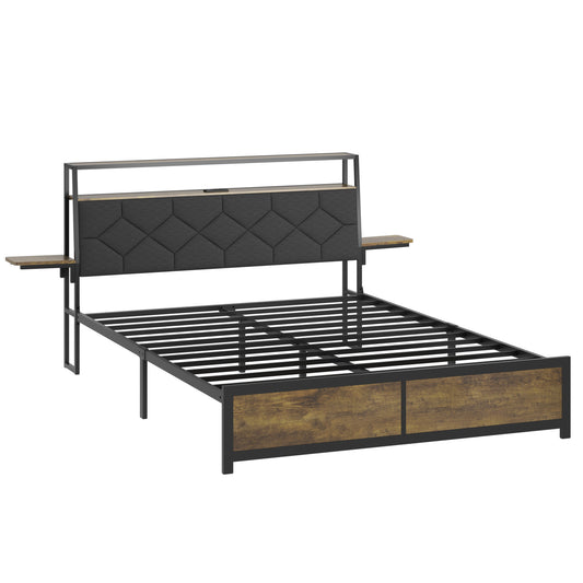 Industrial black metal bed frame with rustic wood headboard and attached nightstands