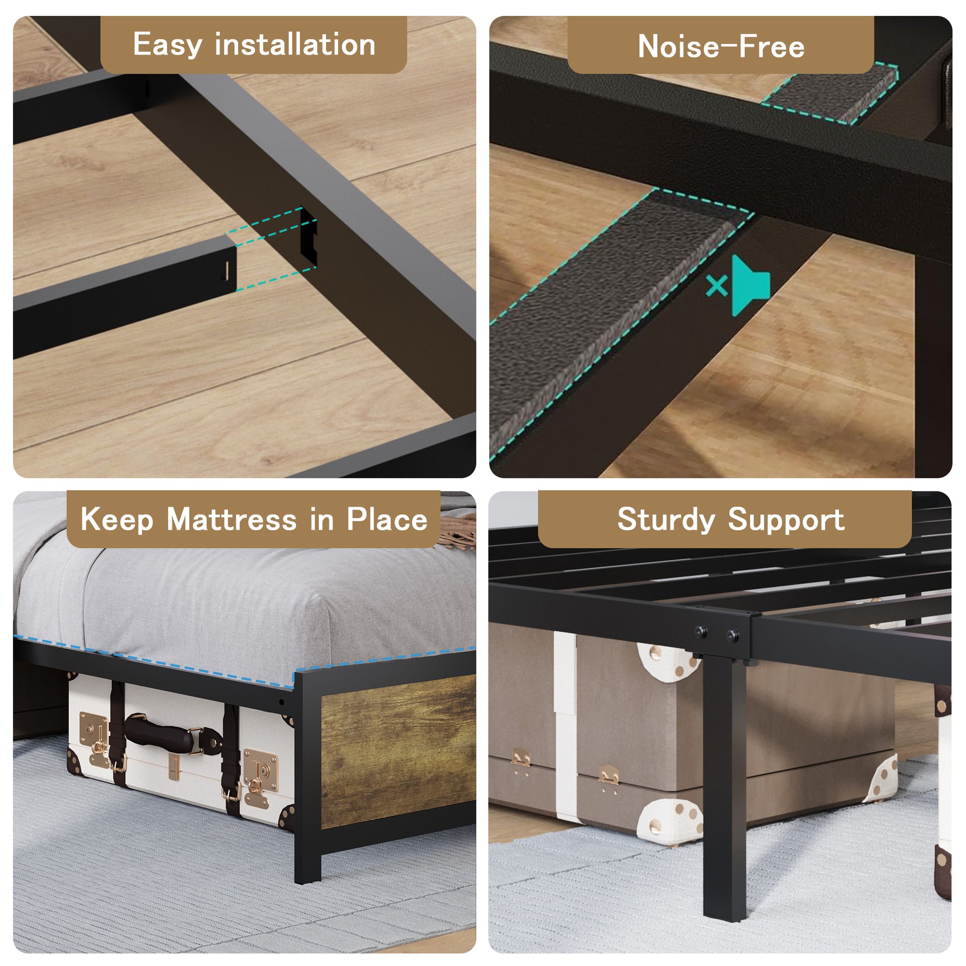 Black metal bed frame with easy installation mechanism shown on wooden floor
