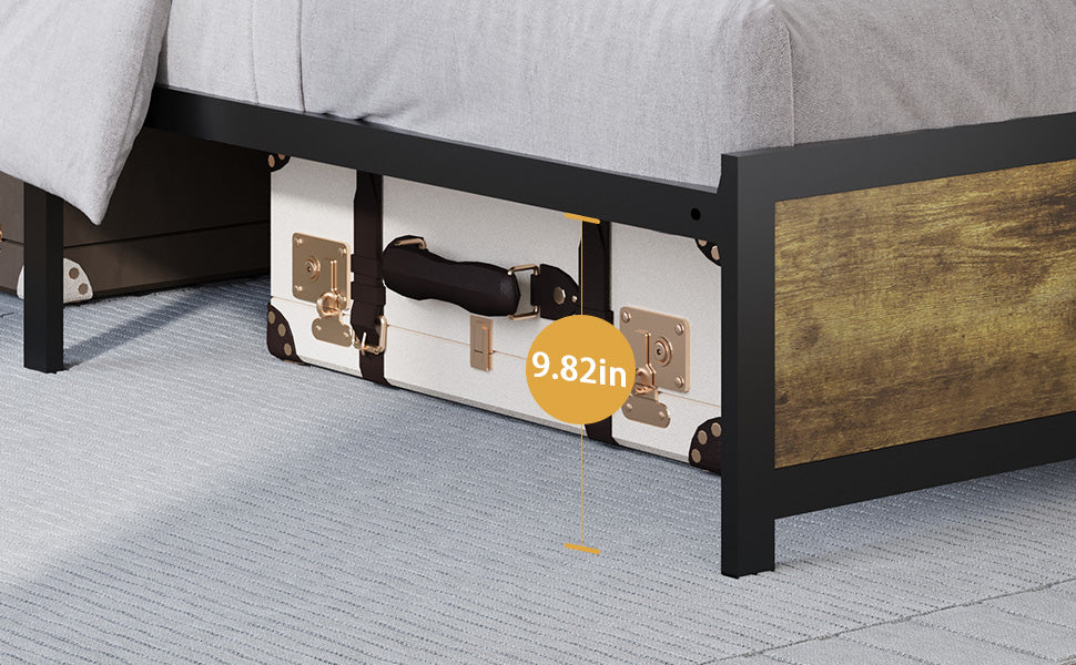 Black metal bed frame with rustic wood headboard showcasing  inch underbed clearance