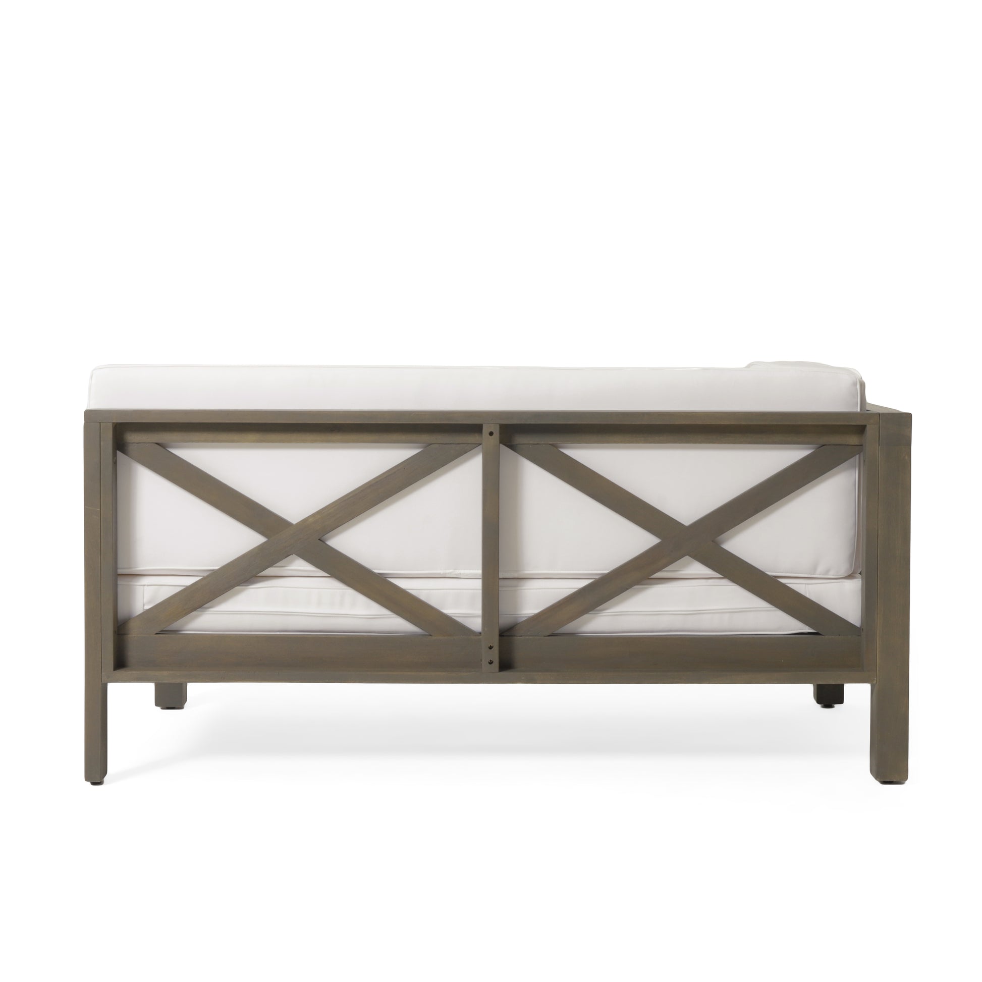 Gray wooden outdoor sofa with white seat cushions and a distinctive Xshaped backrest design