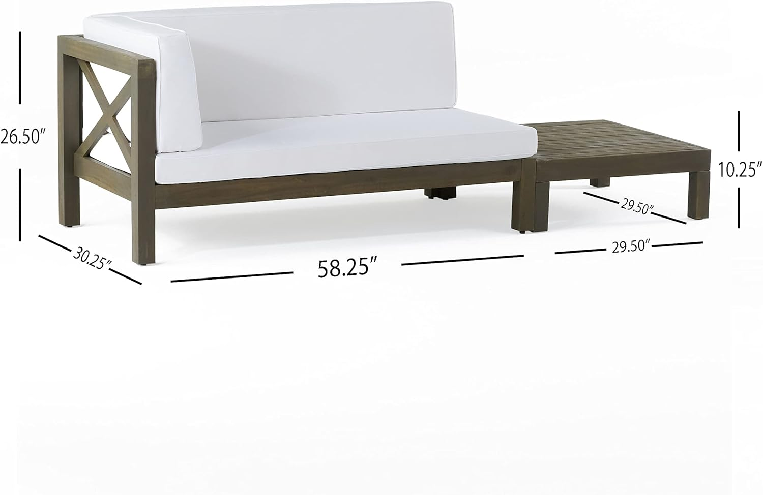Dark wood patio sectional sofa with white cushions and a matching side table