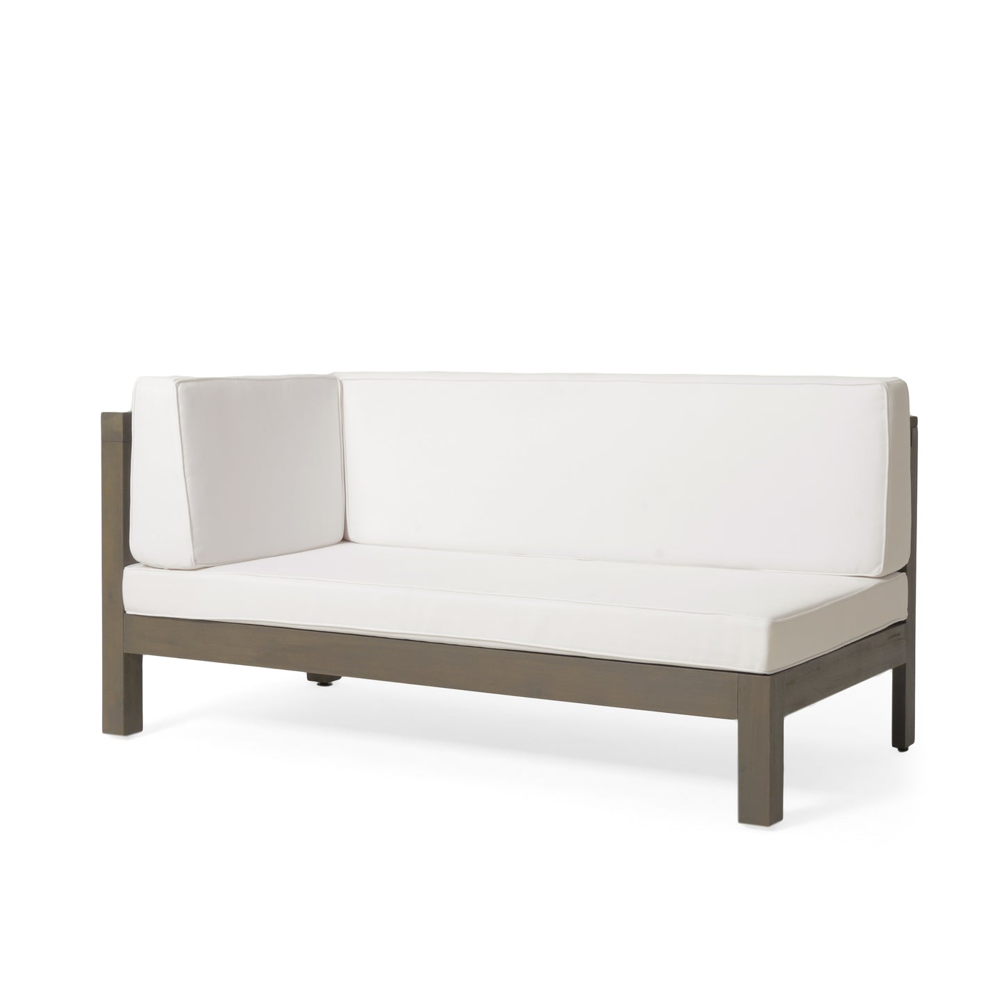 Gray wood modern outdoor sectional sofa with white cushions