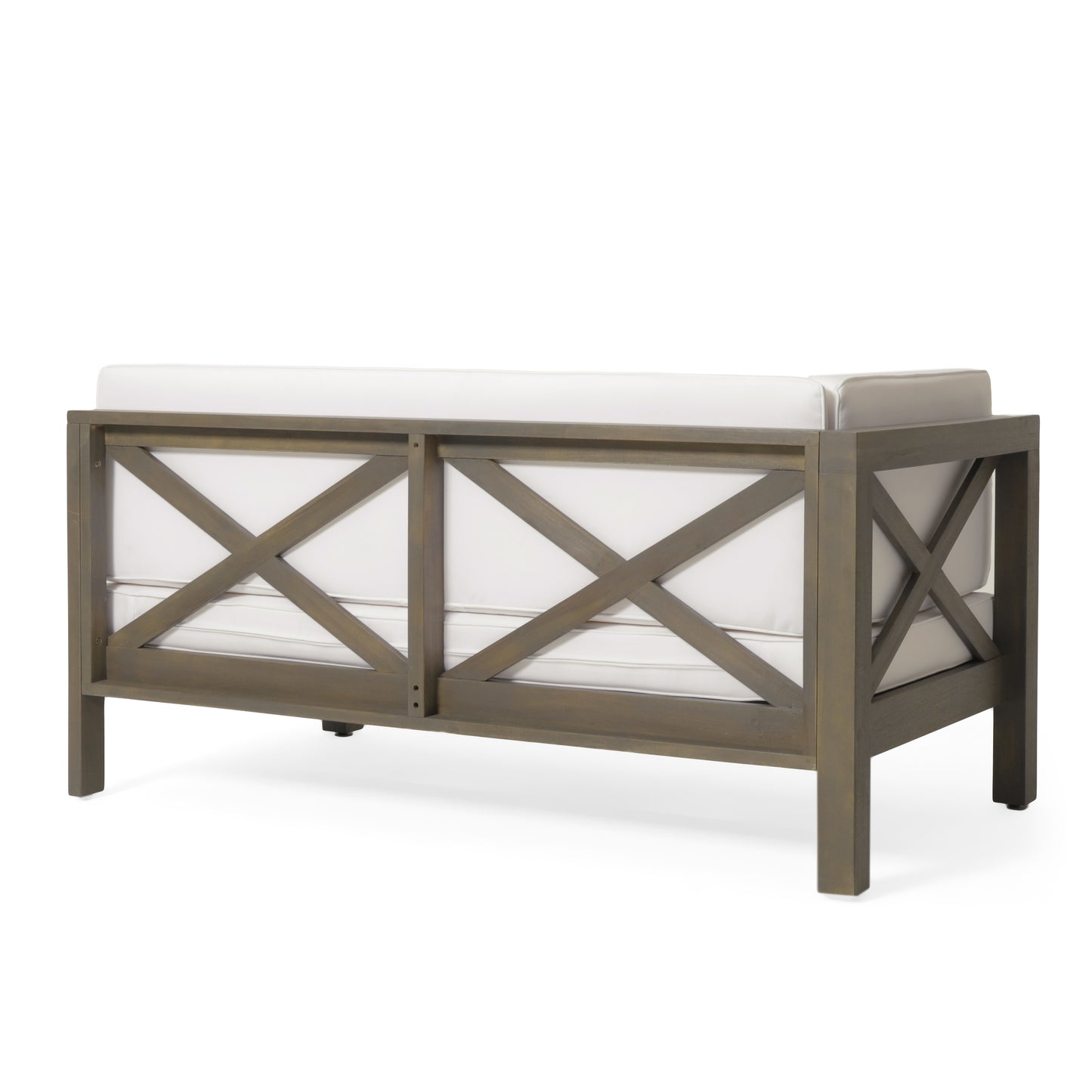Gray wash wood sofa with white cushions and Xframe detail perfect for outdoor seating