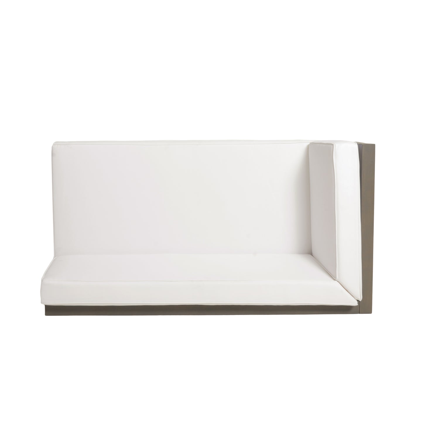 White outdoor sectional sofa with gray wood frame