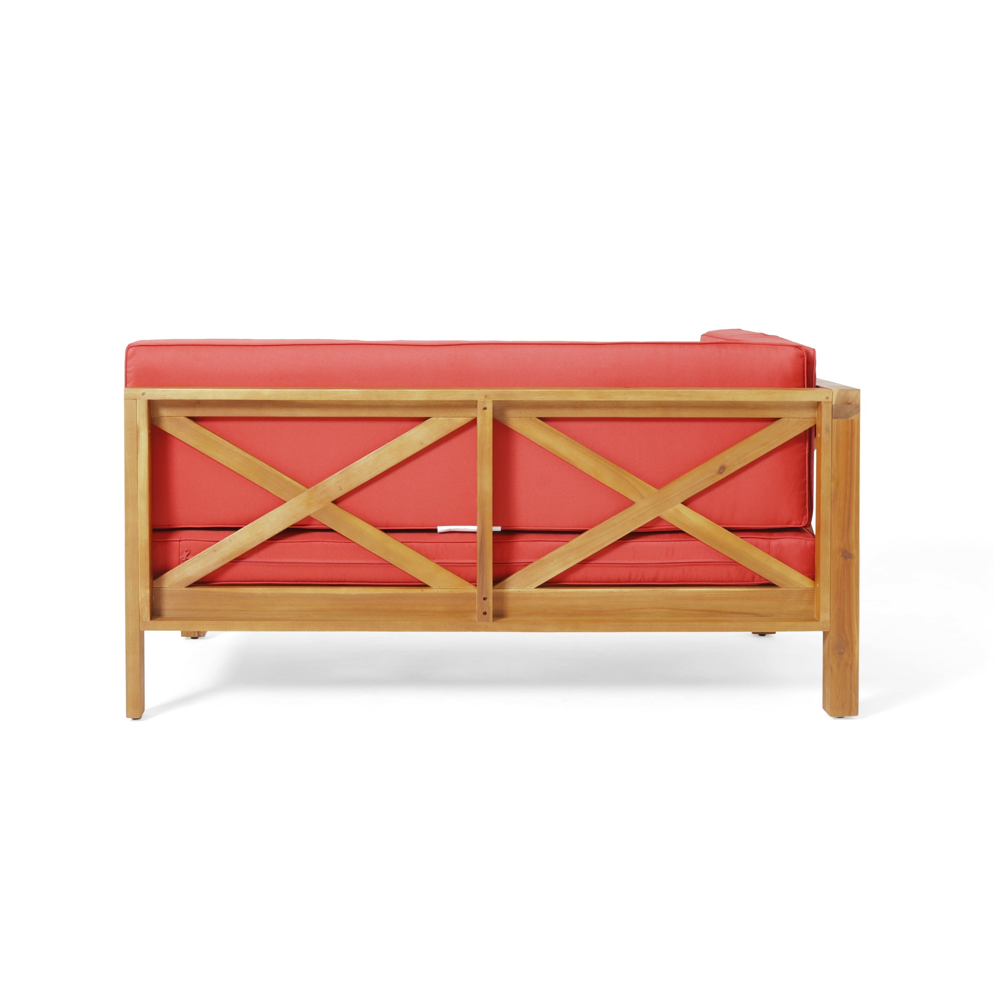 Teak wood outdoor sofa with coral cushions and Xframe back detail for patio relaxation