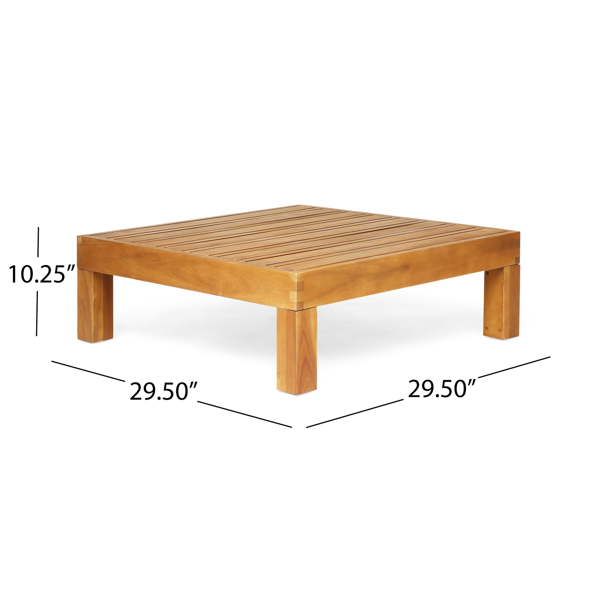 Square acacia wood coffee table with slatted top and sturdy legs for outdoor use