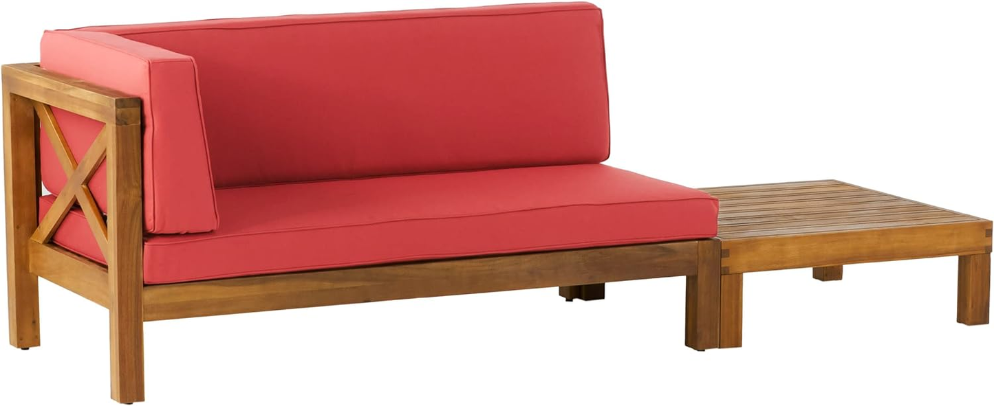 Acacia wood sectional sofa with coral red cushions and integrated side table