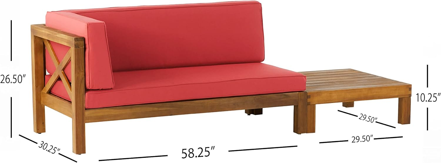 Contemporary outdoor sectional with coral red cushions and acacia wood frame