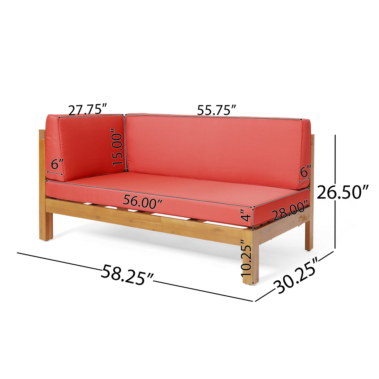 Coral outdoor sectional sofa with wooden frame dimensions shown
